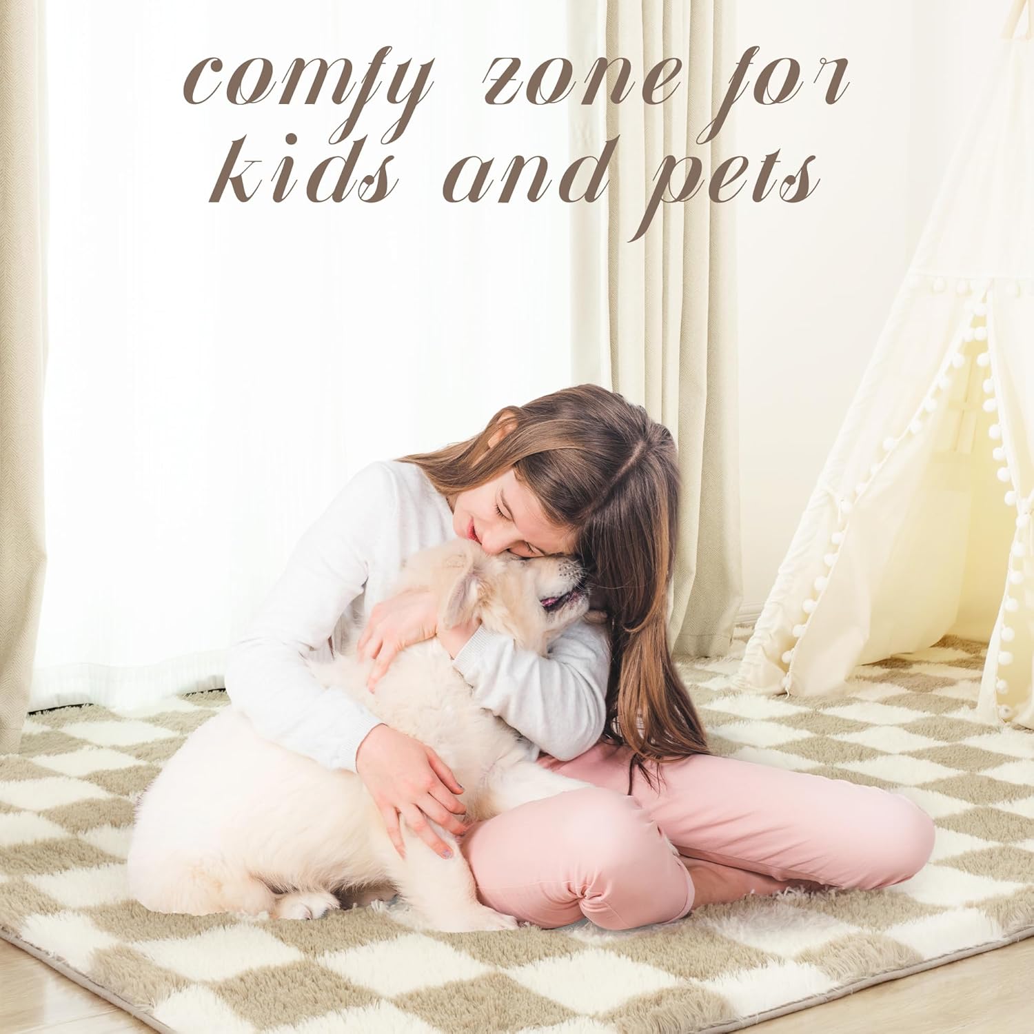 Super Soft Rug for Bedroom, 5x7 Ft Beige and White Area Rug Classic Checkered Shaggy Rug Anti-Skid High Pile Soft Fluffy Fuzzy Carpet for Living Room Bedroom Kids Room Nursery, Dorm Home Decor - Image 7