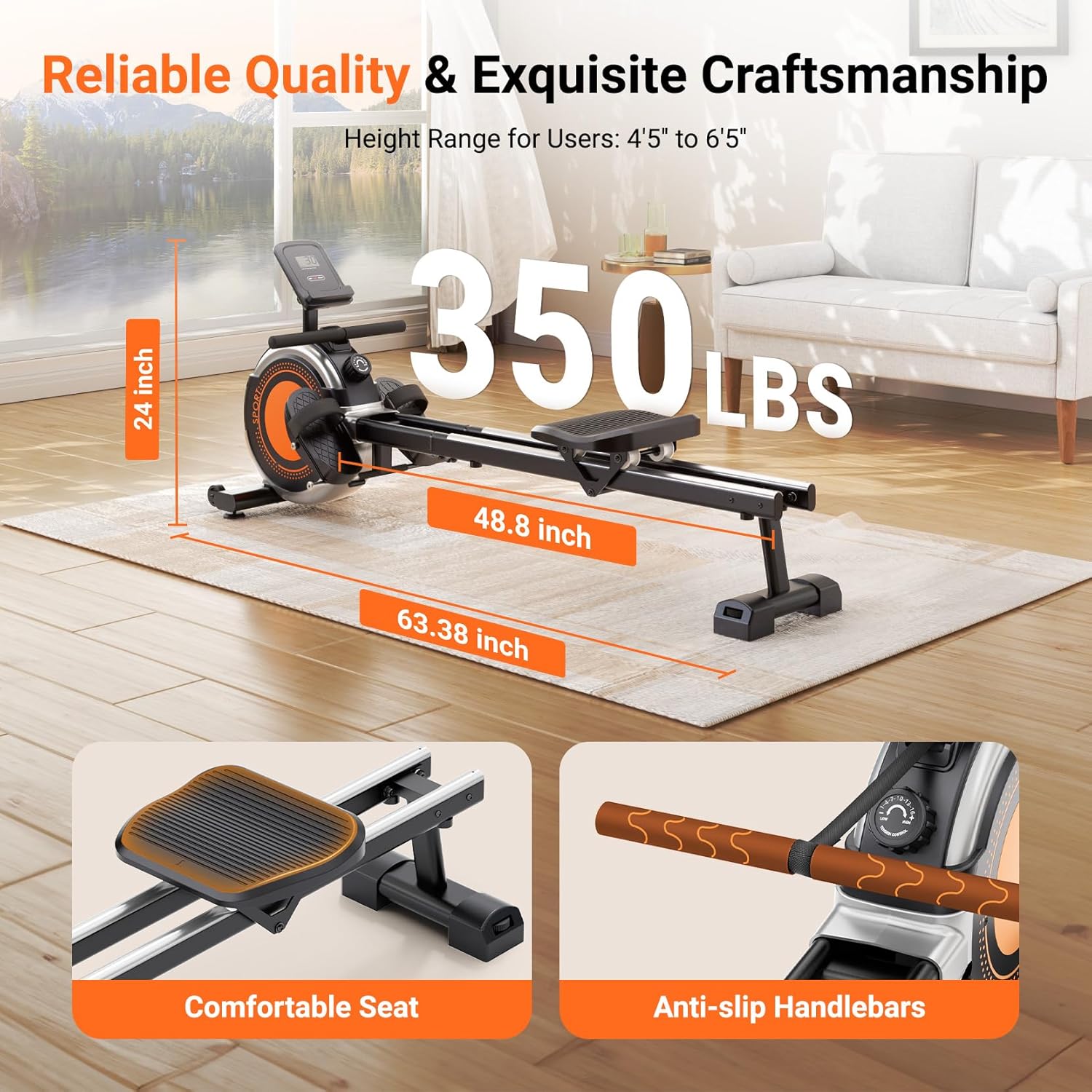 Dripex Rowing Machines for Home Use, Rowing Machine Max 350 LBS, Magnetic Rower with 16 Levels of Workout Resistance, Dual Slide Rail, Bluetooth App Supported, LCD Monitor,Row Machine for Gym Exercise - Image 7