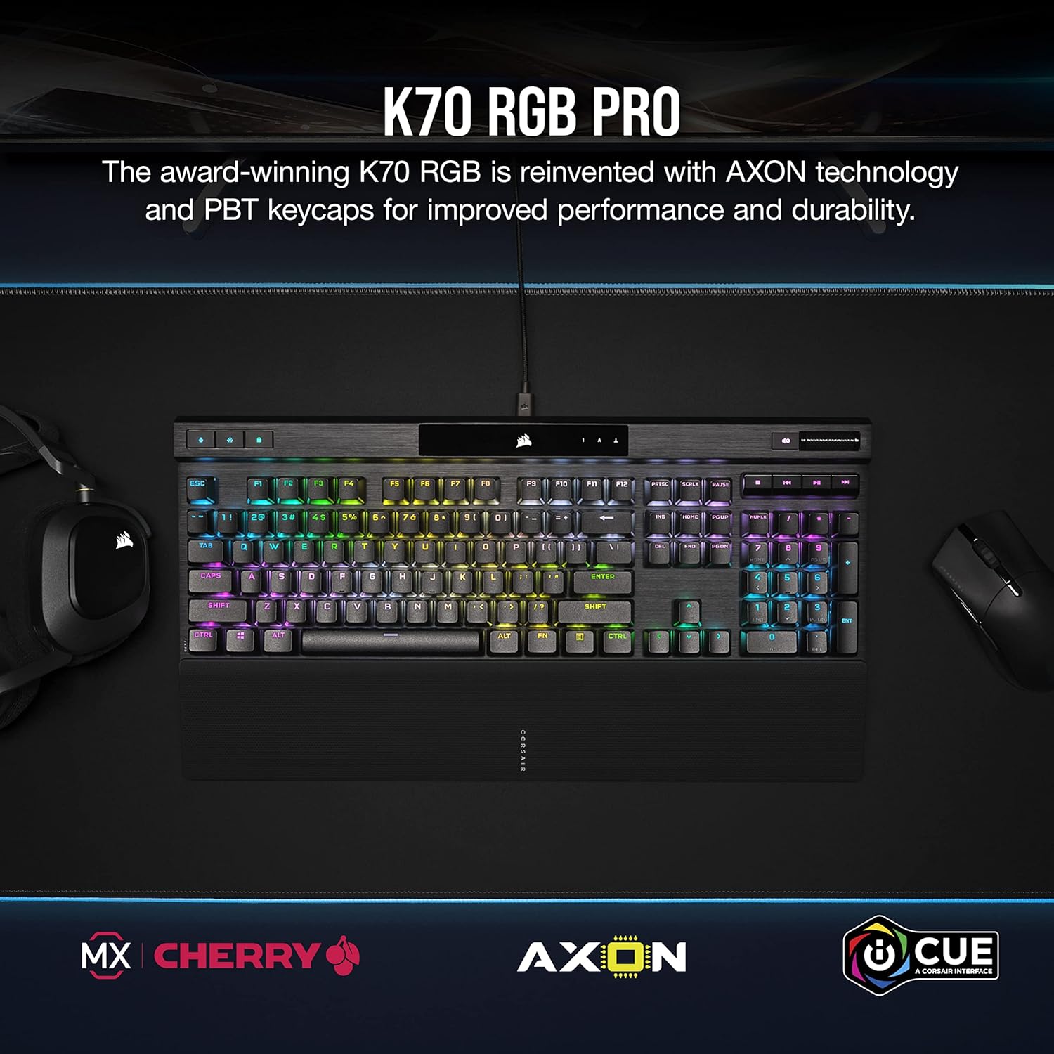 Corsair K70 RGB PRO Wired Mechanical Gaming Keyboard (Cherry MX RGB Red Switches: Linear and Fast, 8,000Hz Hyper-Polling, PBT Double-Shot PRO Keycaps, Soft-Touch Palm Rest) QWERTY, NA - Black - Image 3