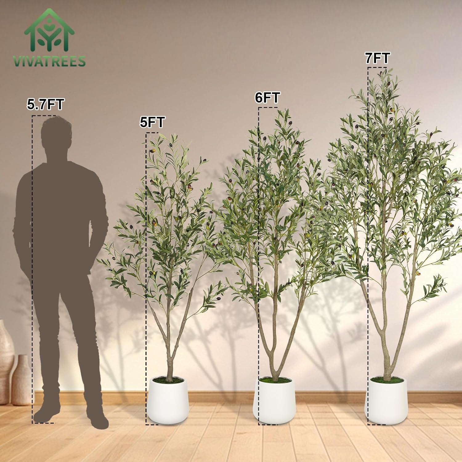 Olive Trees Artificial Indoor, 5FT Tall Faux Olive Tree with White Tall Planter, Artificial Plants with Natural Wood Trunk and Lifelike Fruits for Home Office Decor - Image 6