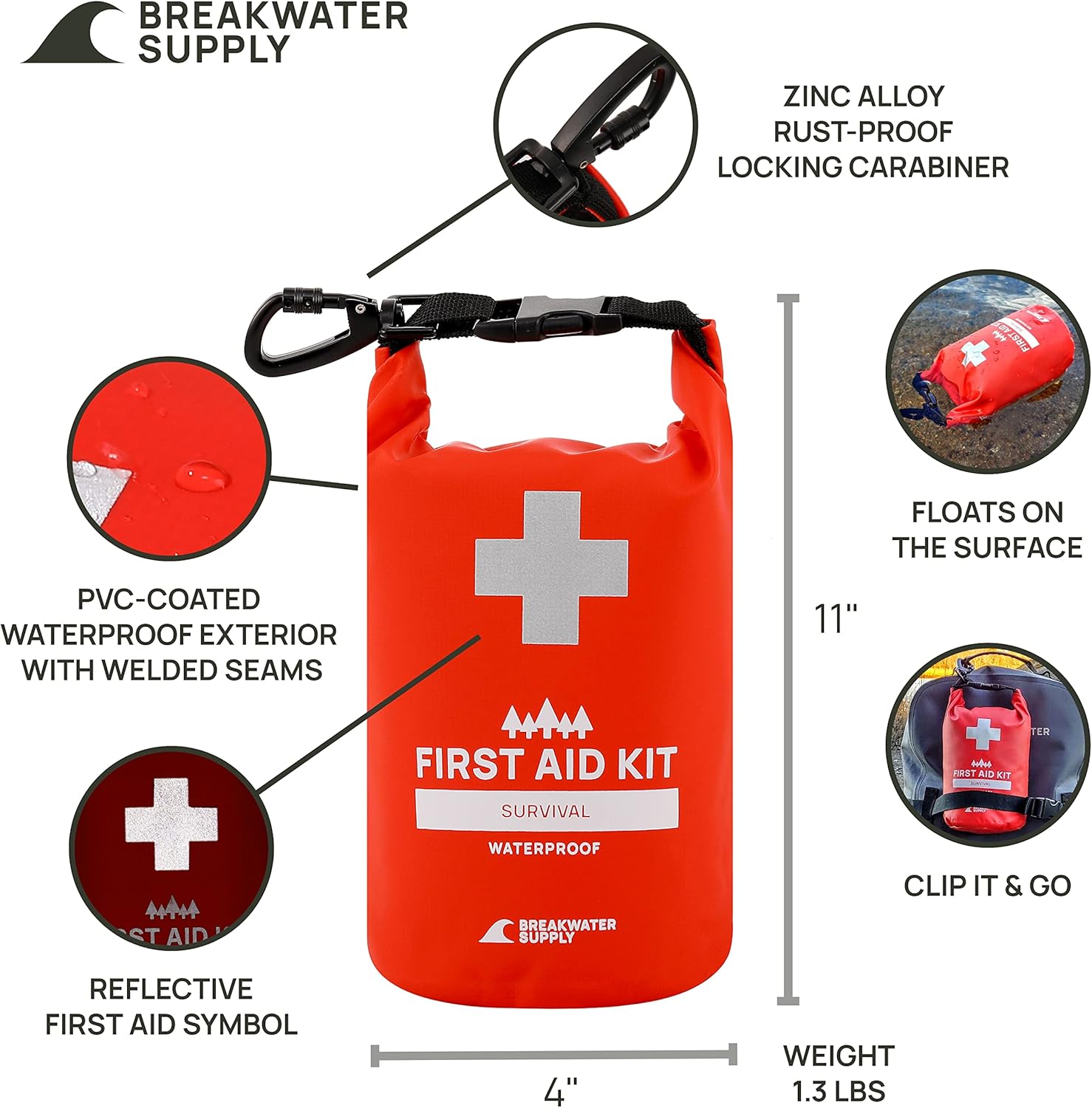 Breakwater Supply™ Waterproof First Aid Kit Dry Bag Bug Out Bag Preloaded with Emergency Survival Prepper Supplies for Boating, Camping, Fishing + Carabiner, Floating, Reflective, AFAK/IFAK Trauma Kit - Image 7