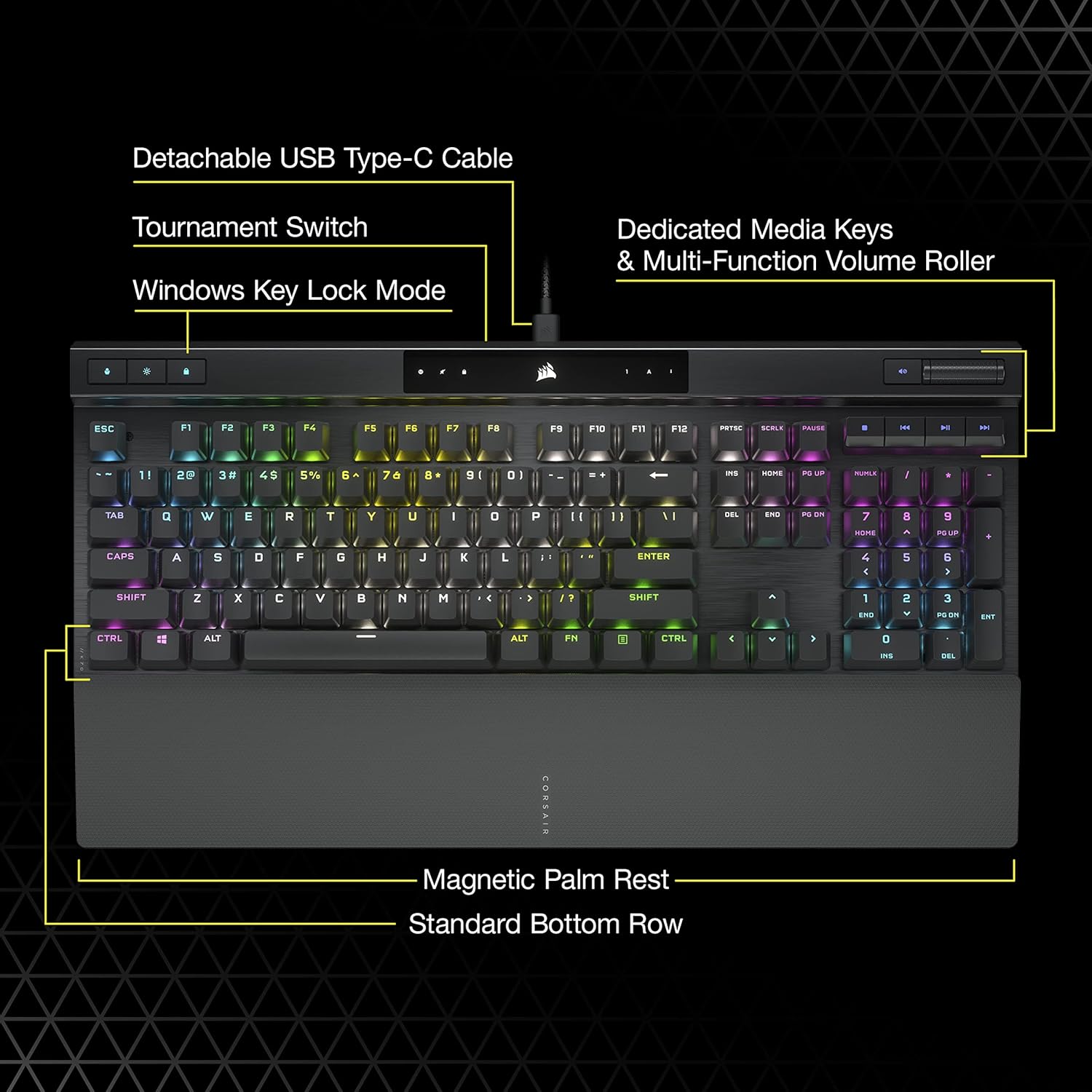 Corsair K70 RGB PRO Wired Mechanical Gaming Keyboard (Cherry MX RGB Red Switches: Linear and Fast, 8,000Hz Hyper-Polling, PBT Double-Shot PRO Keycaps, Soft-Touch Palm Rest) QWERTY, NA - Black - Image 8