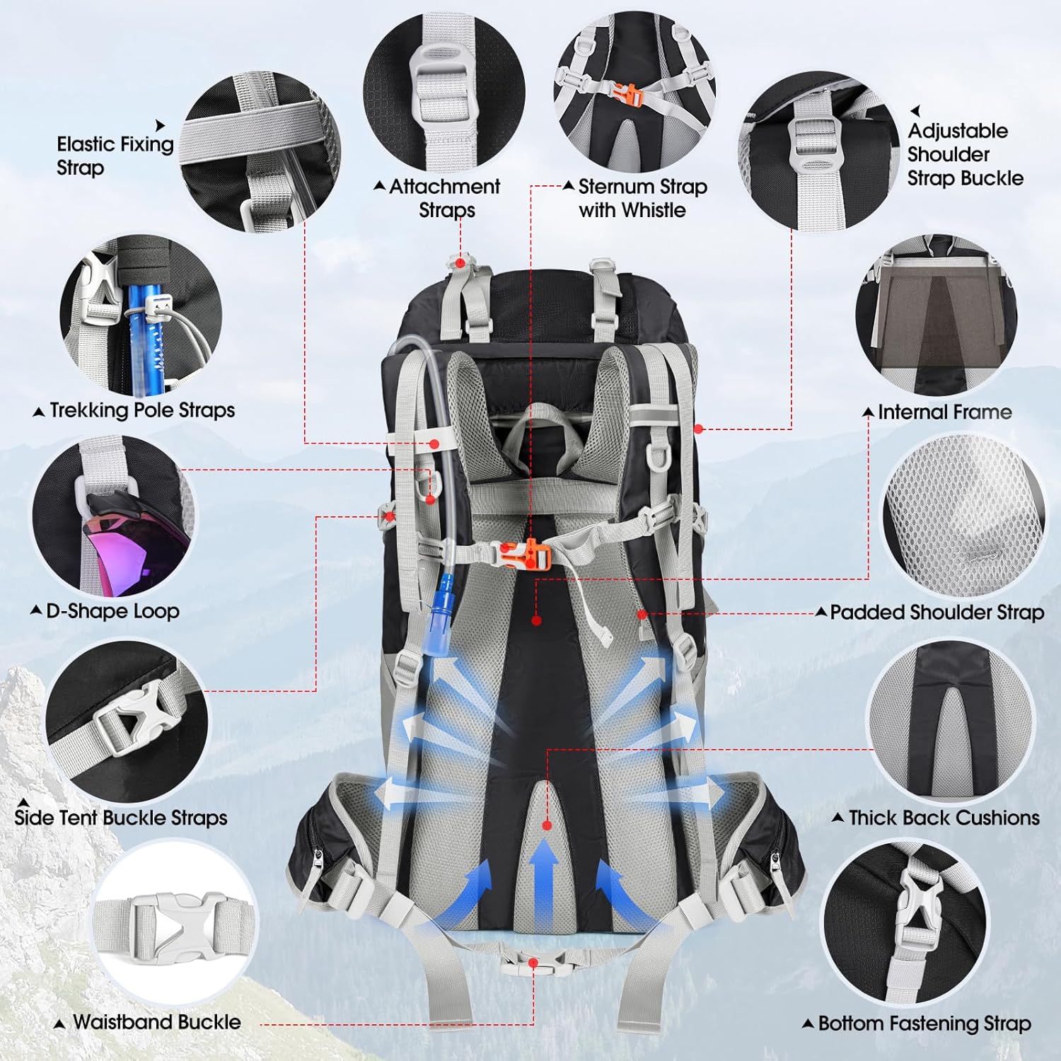 IGOLUMON 60L Hiking Backpack Waterproof Camping Backpack with Rain Cover Large Lightweight Backpacking Backpack for Men Women - Image 7