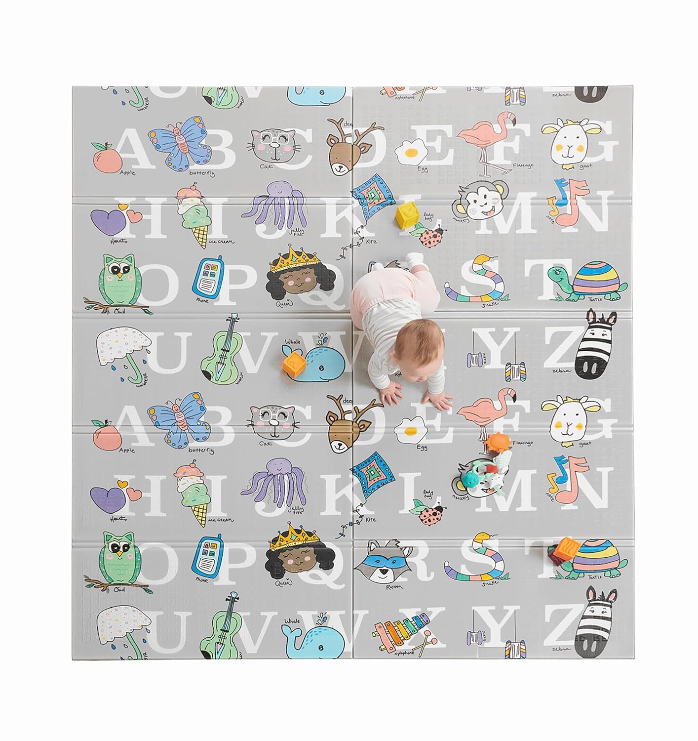 Regalo 77"x71" Extra Large Alphabet Play Mat for Babies and Toddlers, Alphabet Animal and Object Learning Mat, Non-Toxic Waterproof Foam Design, Reversible, Foldable for Easy Storage, Wipe Clean, Gray - Image 2