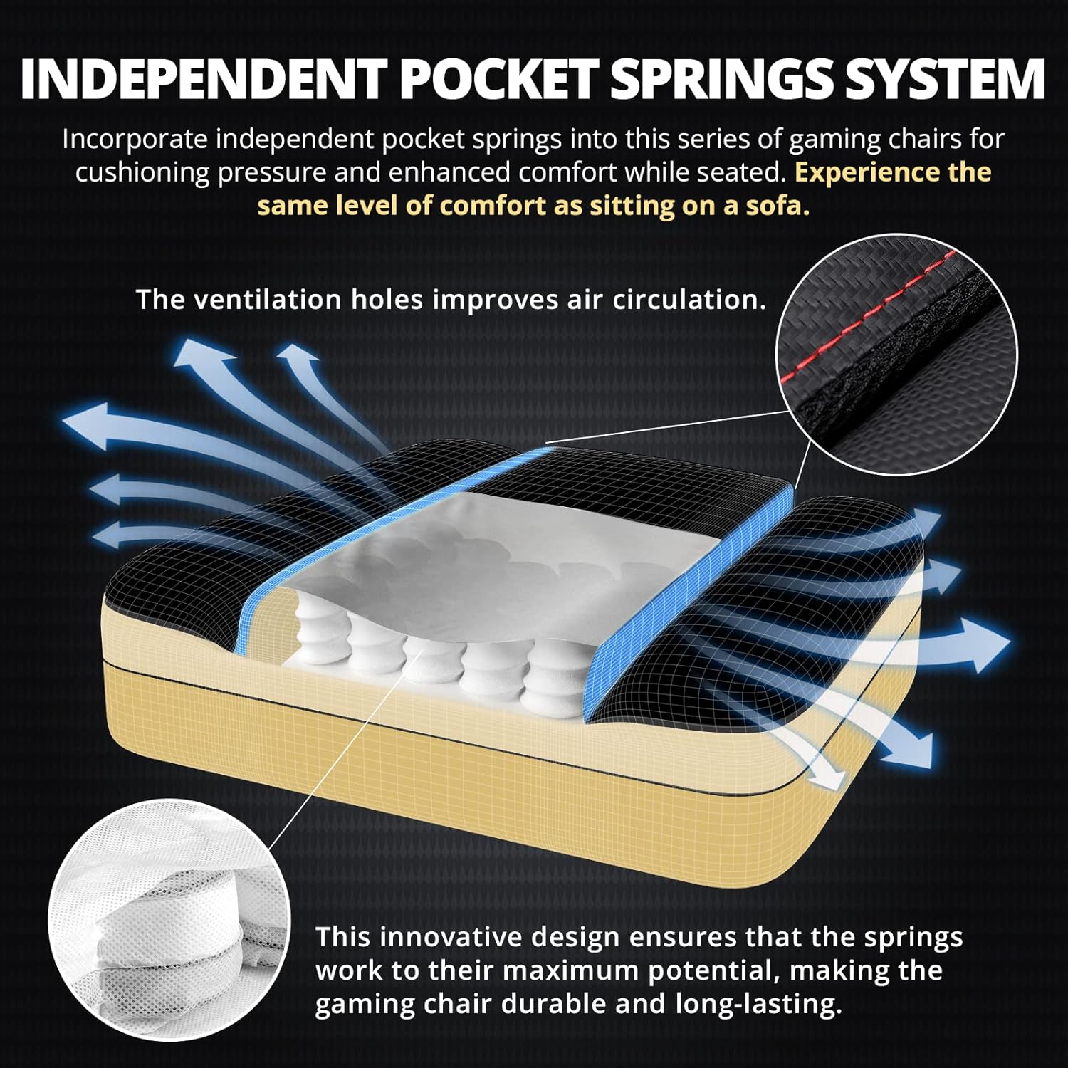 Dowinx Gaming Chair Breathable PU Leather Gamer Chair with Pocket Spring Cushion, Ergonomic Computer Chair with Massage Lumbar Support,Adjustable Swivel Task Chair with Footrest(Black) - Image 4