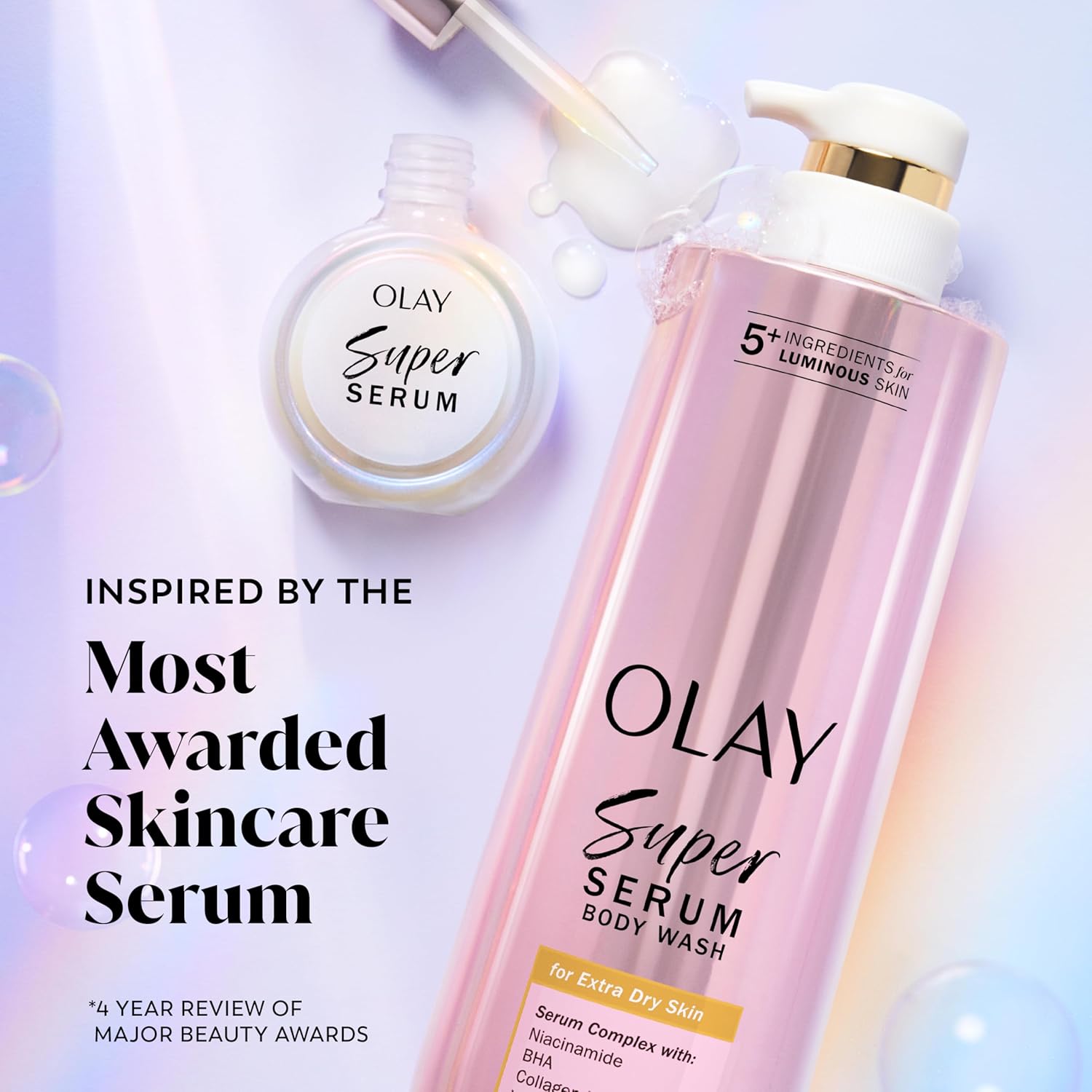 Olay Super Serum Body Wash for Extra Dry Skin, 24hr Long Lasting Hydration, 5+ Ingredient Serum Complex for Bright Even Firm Luminous Skin, 18.5 fl oz - Image 7