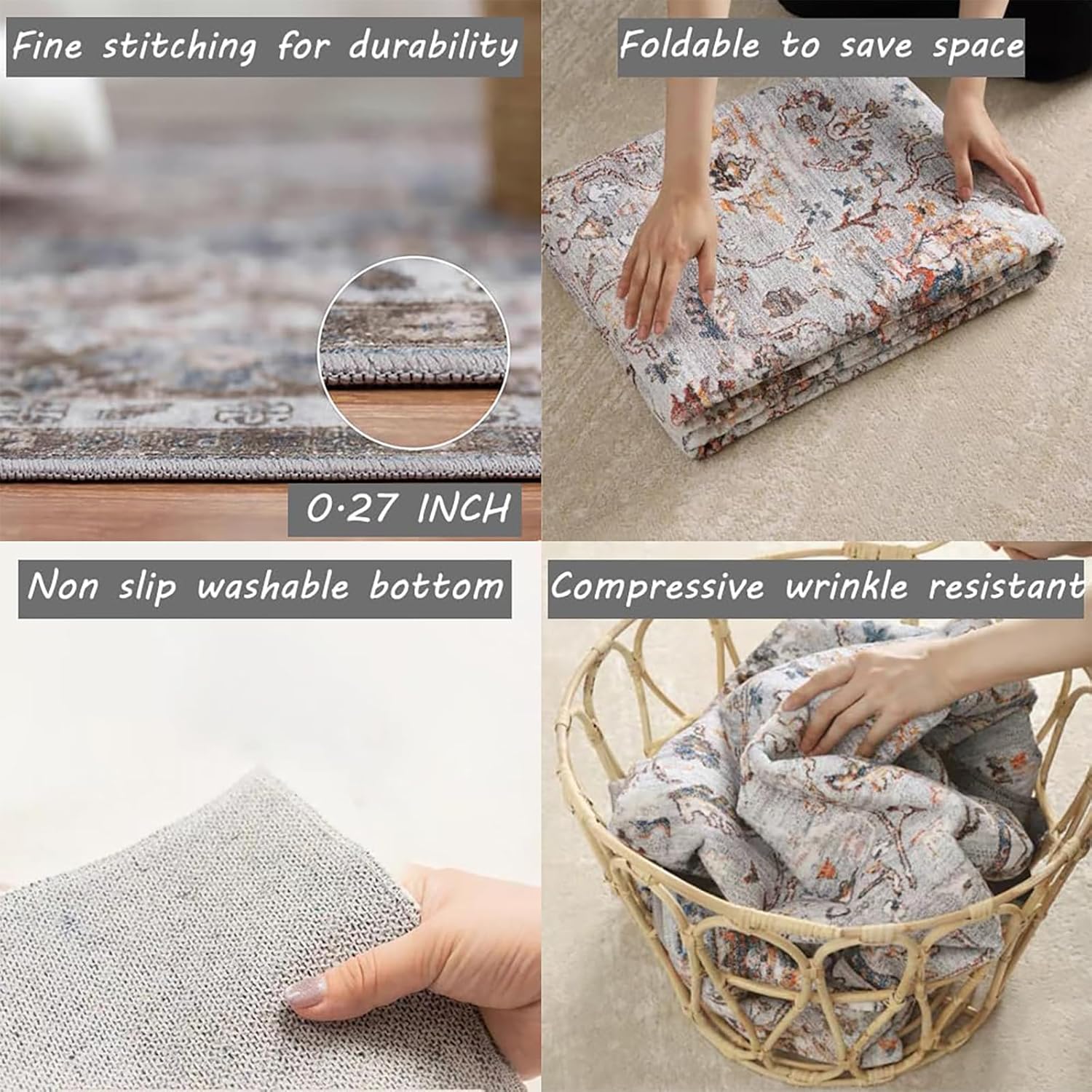 5x7 Washable Area Rug Gray Vintage Traditional Floor Cover Foldable Thin Kitchen Accent Indoor Distressed Non Slip Carpet Floral Print Mat Bedroom Living Room Bathroom - Image 6
