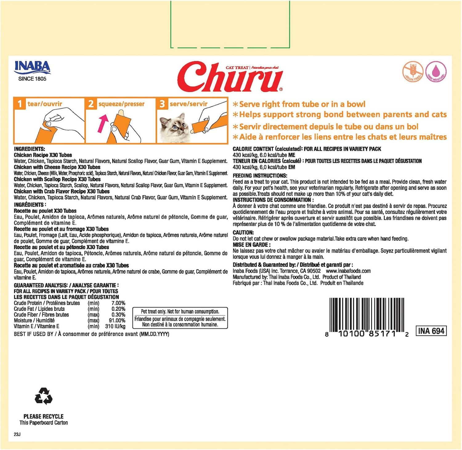 INABA Churu Cat Treats, Lickable, Squeezable Creamy Purée with Vitamin E, 0.5 Ounces per Tube, 120 Tubes Total, Chicken Variety - Image 3