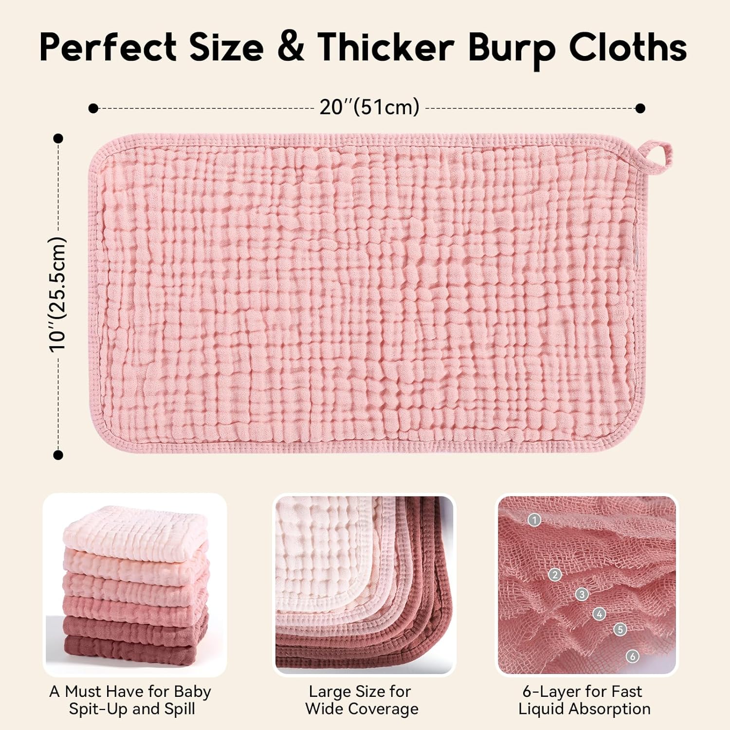 Muslin Burp Cloths for Baby 100% Cotton Burping Cloths for Boys Girls Large 20''X10'' Extra Soft and Absorbent 12 Pack - Gradient Pink - Image 4