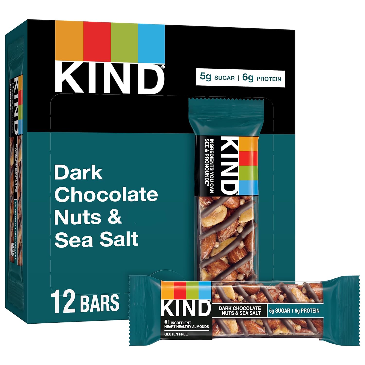 KIND Bars, Dark Chocolate Nuts and Sea Salt, Healthy Snacks, Gluten Free, Low Sugar, 6g Protein, 12 Count - Image 2