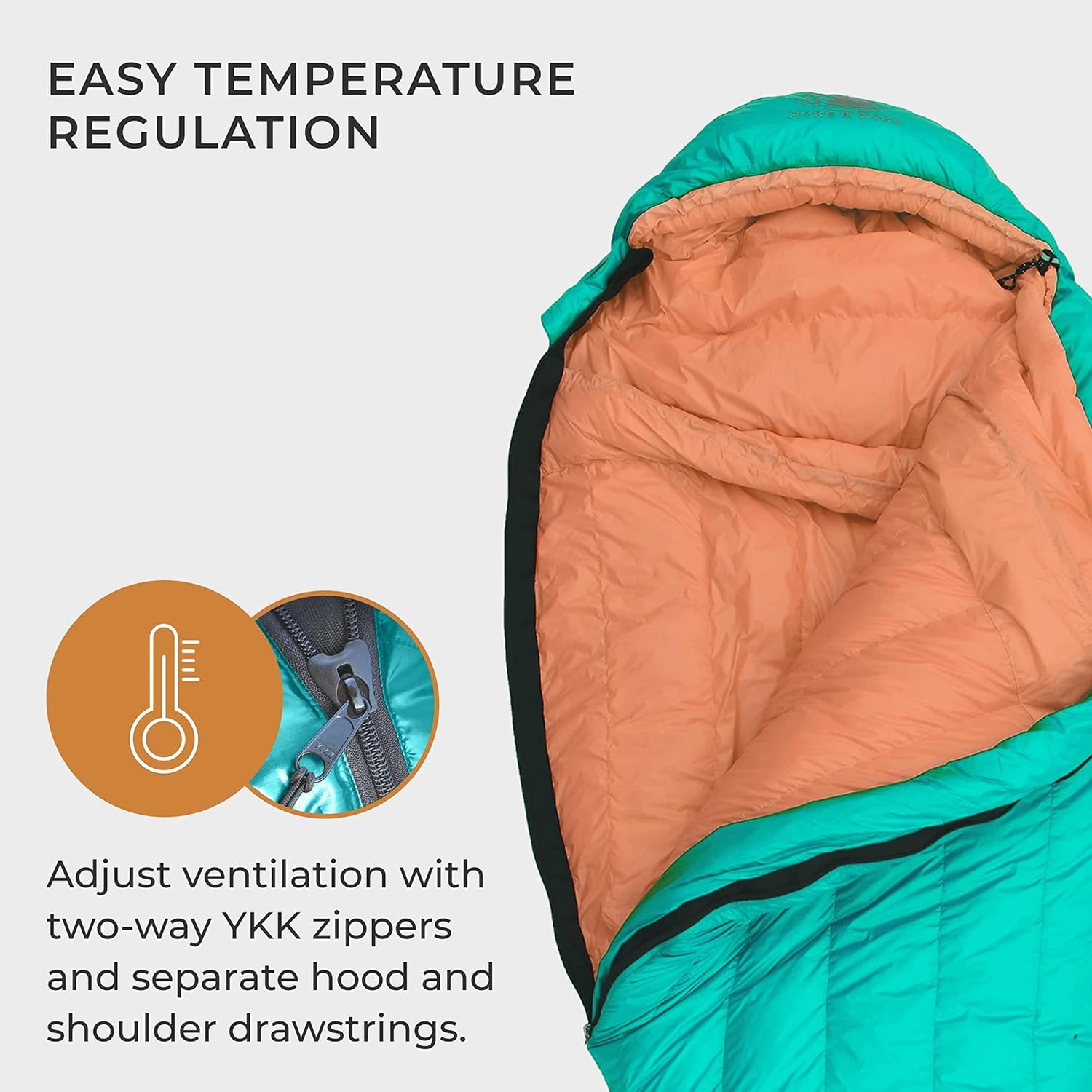 Hyke & Byke Eolus 15 F Hiking & Backpacking Sleeping Bag - 3 Season, 800FP Goose Down Sleeping Bag - Ultralight - Black/Clementine - 78in - Regular - Image 5