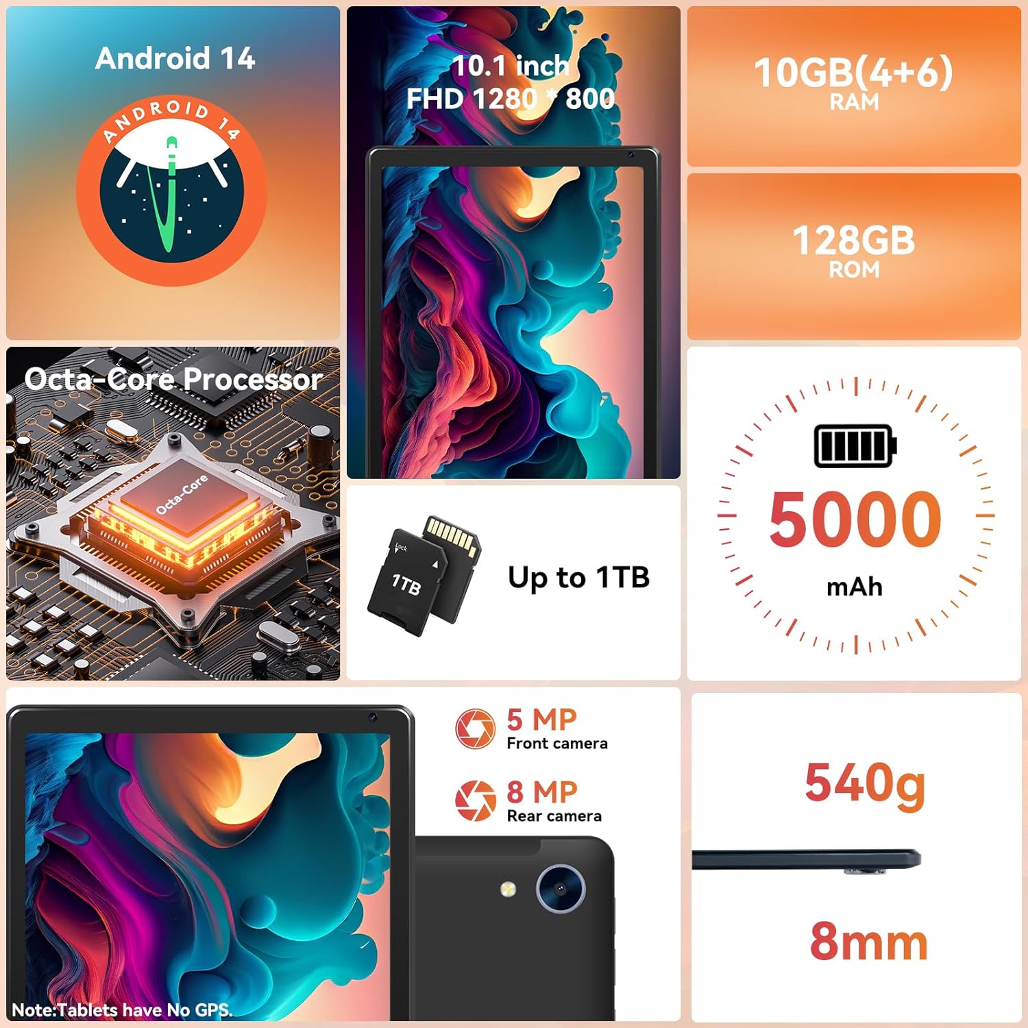 Tablet,10.1" Android Tablet with Octa-core Processor 10GB RAM 128GB ROM HD IPS Touchscreen 8H Battery, Wi-Fi 6, BT 5.0, Dual Camera, Google Tablets 2025 - Image 3