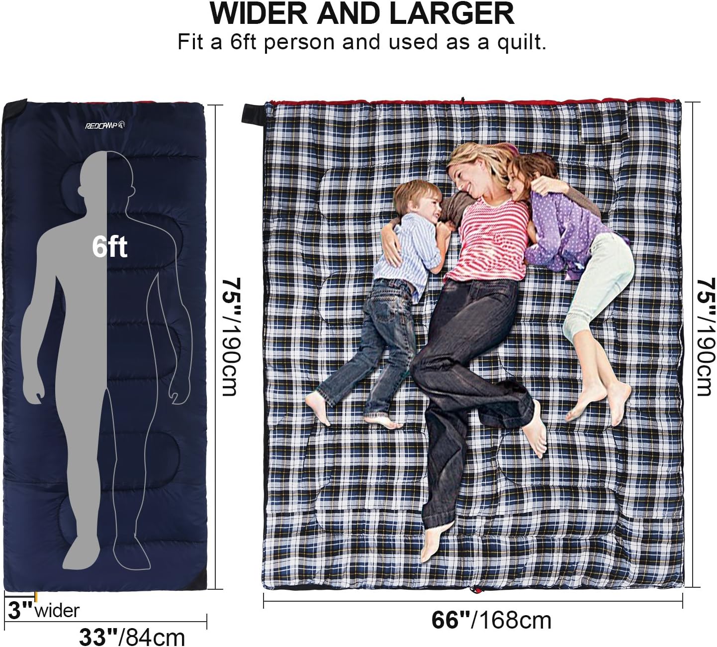 REDCAMP Cotton Flannel Sleeping Bag for Camping Backpacking, Adults Cold Weather Envelope Sleeping Bags with 2/3/4lbs Filling - Image 3