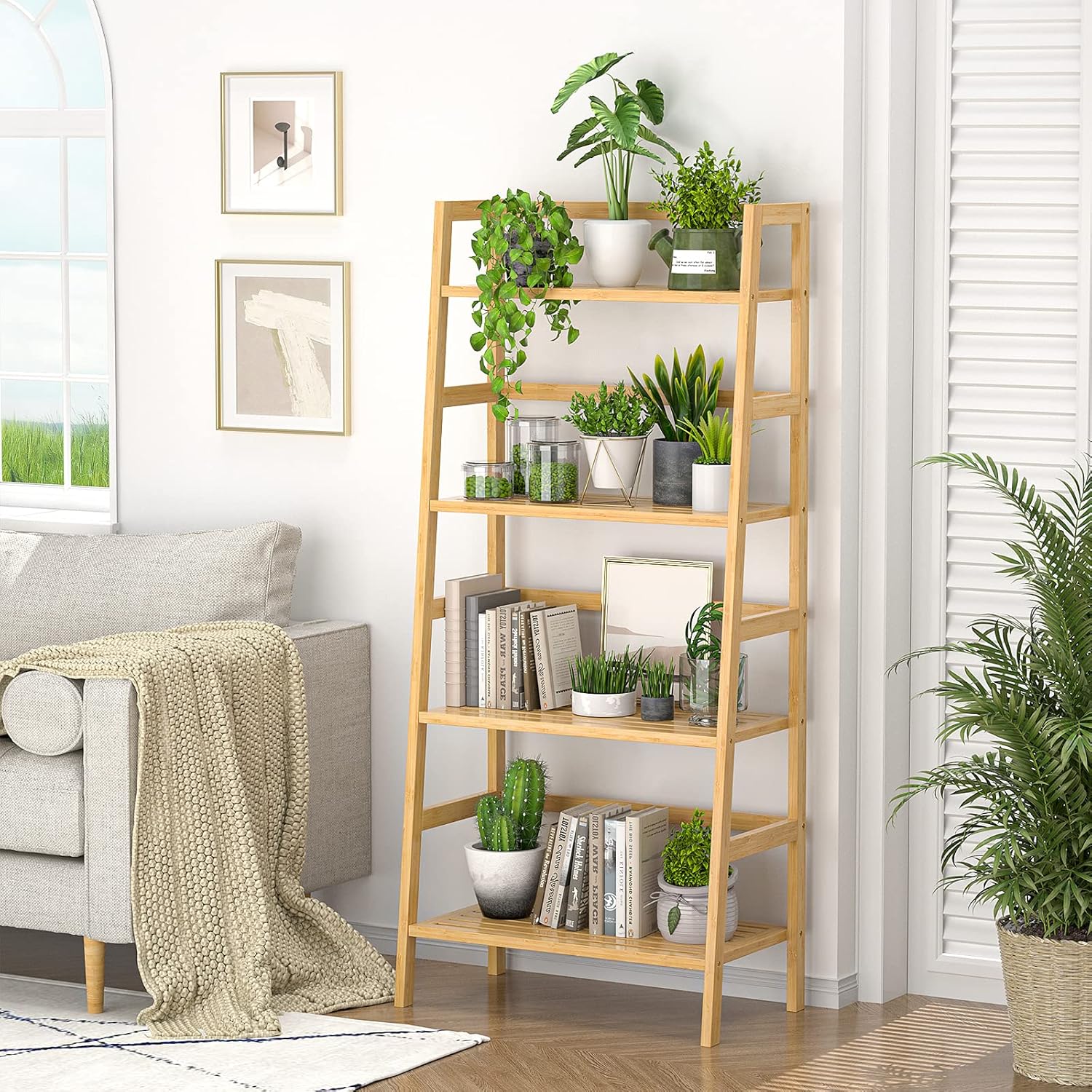 Homykic Bamboo Bookshelf 4-Tier Ladder Shelf, 49.2” Freestanding Open Bookcase Book Shelf Bathroom Storage Shelf Unit Plant Stand for Small Space, Bedroom, Living Room, Home Office, Natural - Image 3