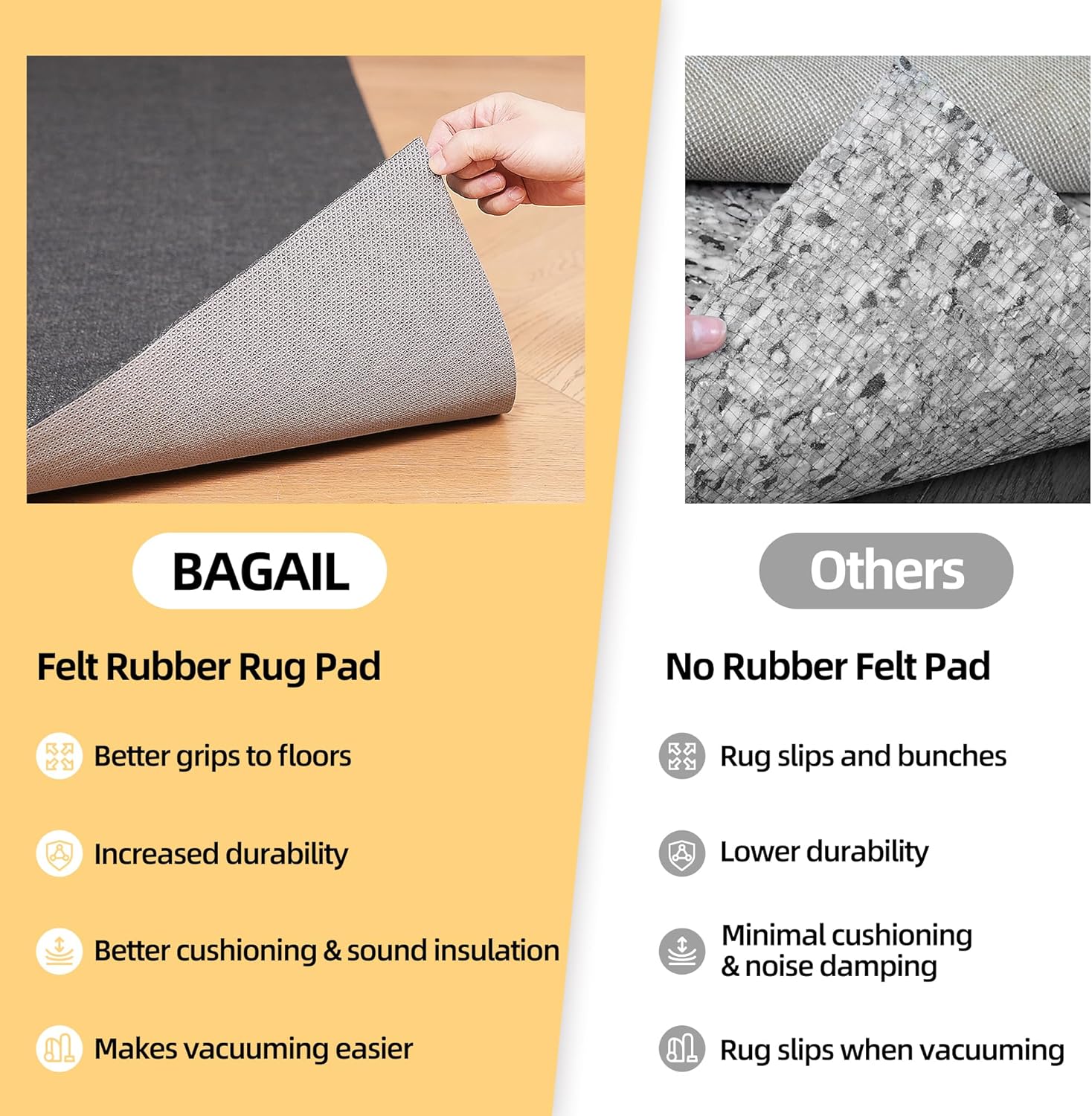 BAGAIL Felt and Natural Rubber Backing Rug Pads 1/4” Thick, 5 x 7 Ft Non Slip Carpet Gripper Keep Rugs in Place, Under Area Rug Protective Cushioned Pads, Carpet Runners, Hardwood Floors Protection - Image 8