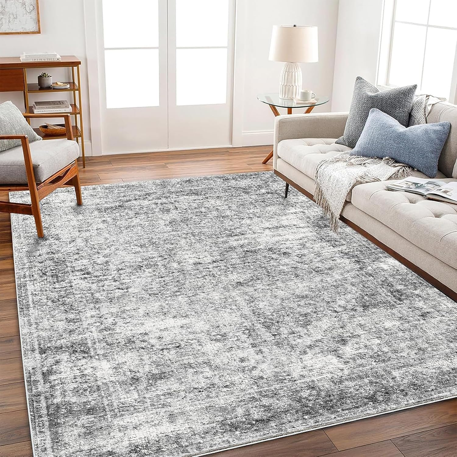 5x7 Washable Area Rug Gray Vintage Traditional Floor Cover Foldable Thin Kitchen Accent Indoor Distressed Non Slip Carpet Floral Print Mat Bedroom Living Room Bathroom - Image 2