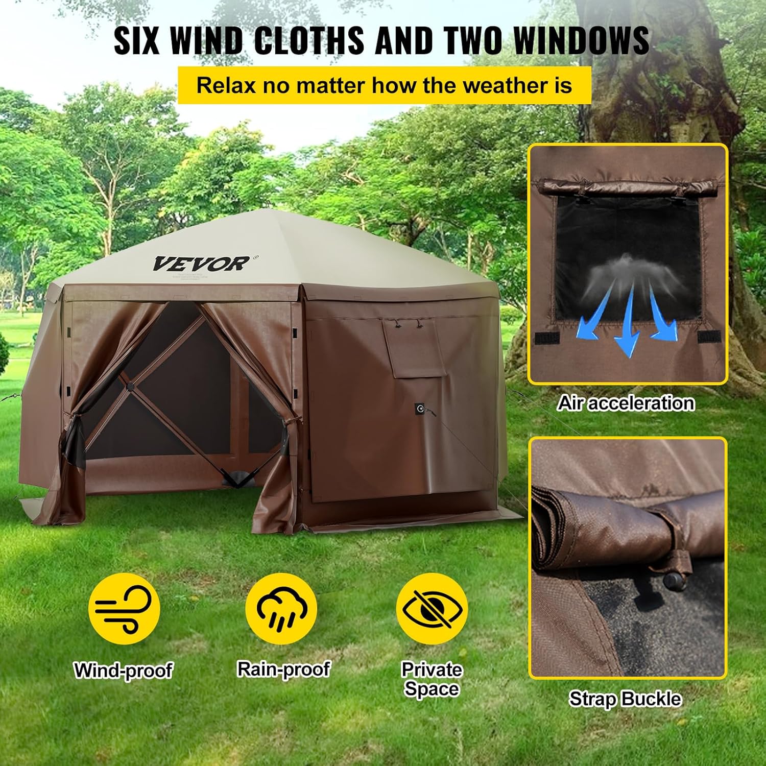 VEVOR 12 * 12ft 6 Sided Pop-up Canopy Shelter Tent with Mesh Windows, Portable Carry Bag, Stakes, Large Shade Tents for Outdoor Camping, Lawn and Backyard, Brown/Beige - Image 4