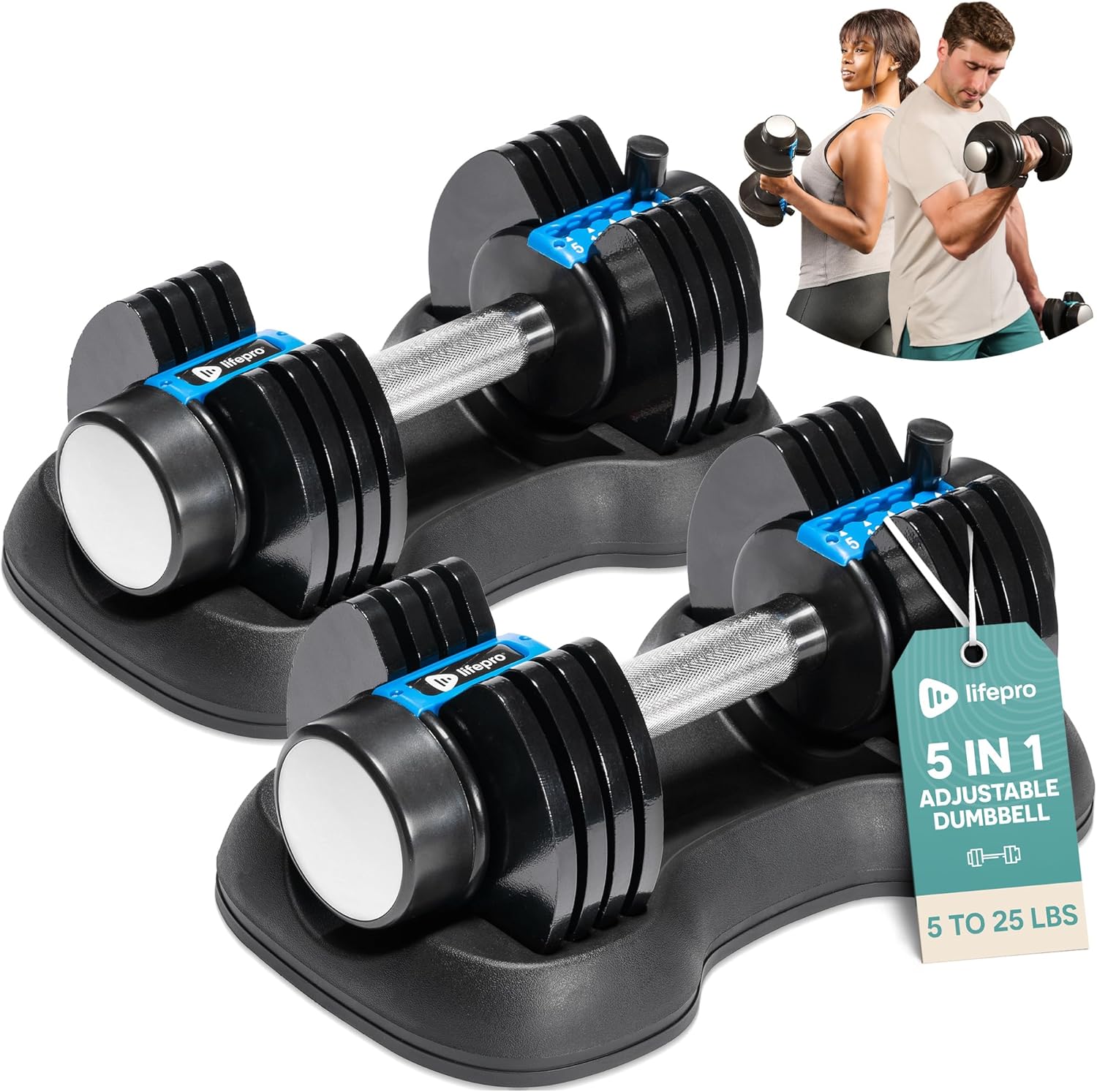 Lifepro Adjustable Dumbbells Set/Single - 15lb 43lb 55lb 25 lb Dumbbell Sets with Rack - Quick Adjust, Secure Grip weights dumbbells set - Compact Hand Weights for Women/Men at Home Gym - Image 2