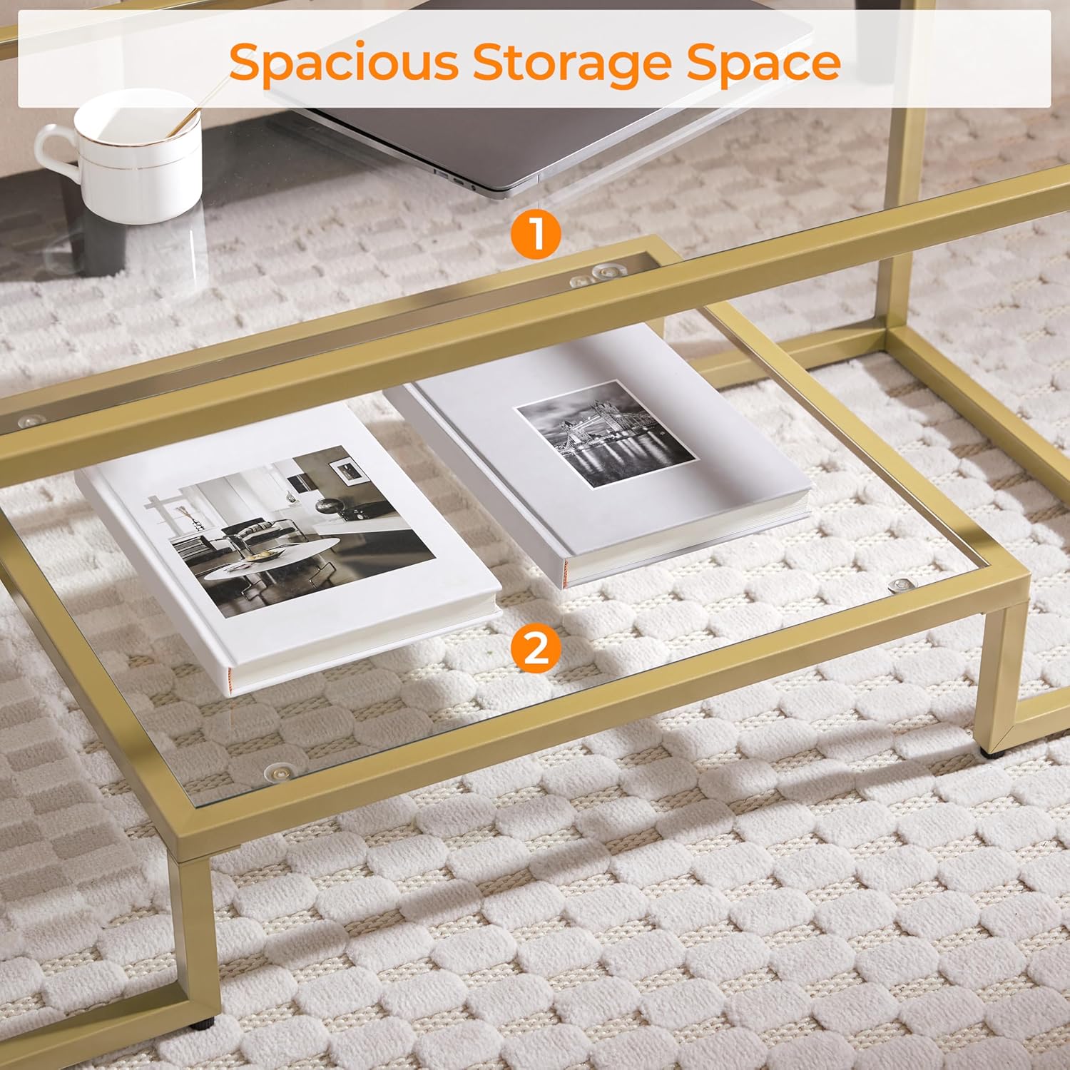 Yaheetech Gold Coffee Table, 42" Rectangular Glass Coffee Table for Living Room, 2-Tier Center Tea Tables with Metal Frame for Small Space, Apartment, Office - Image 7