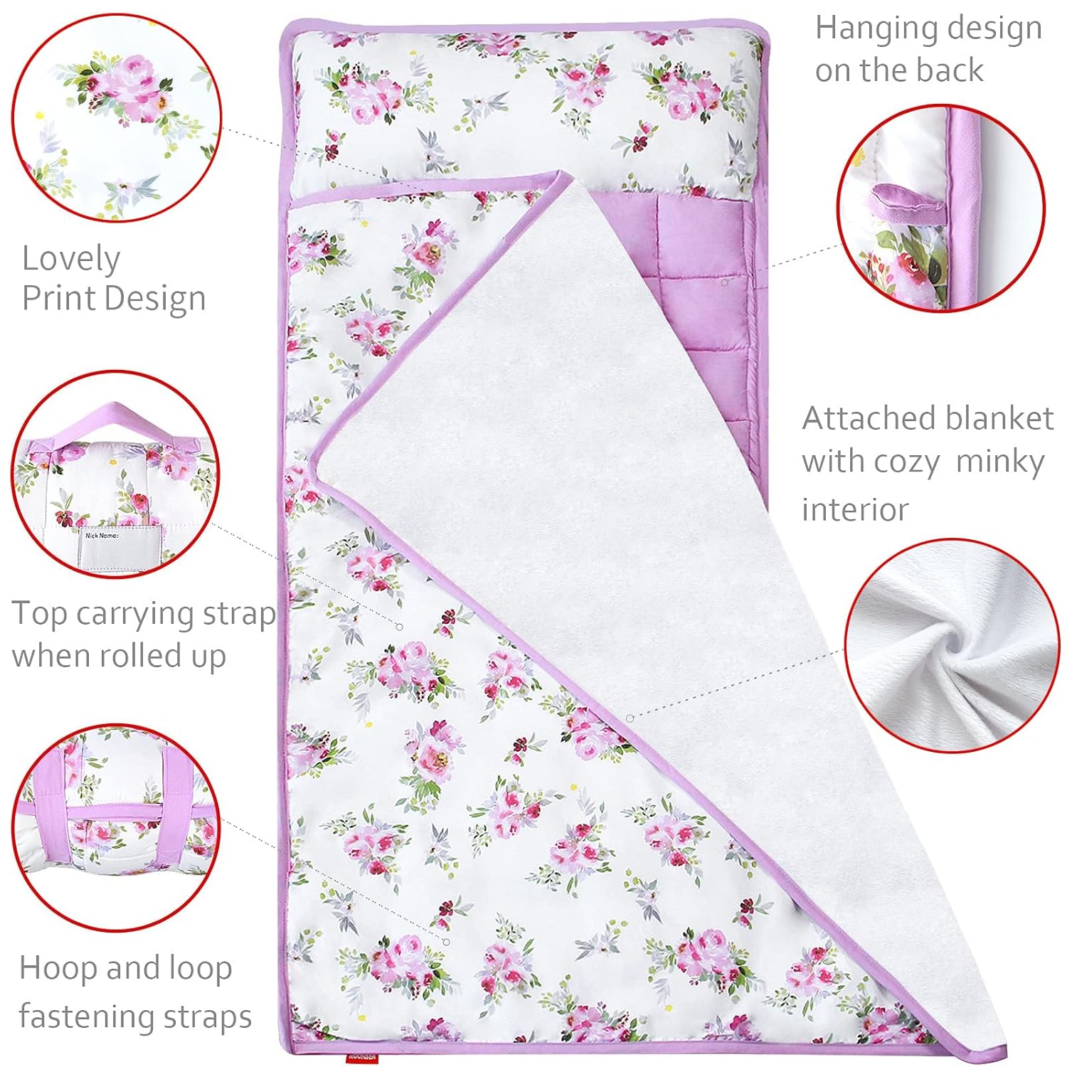 Toddler Nap Mat for Girls Floral, Kids Sleeping Mat with Pillow and Fleece Blanket, Lightweight Perfect for Kids Preschool, Daycare, Travel Sleeping Bag, Fit Standard Cot - Image 4