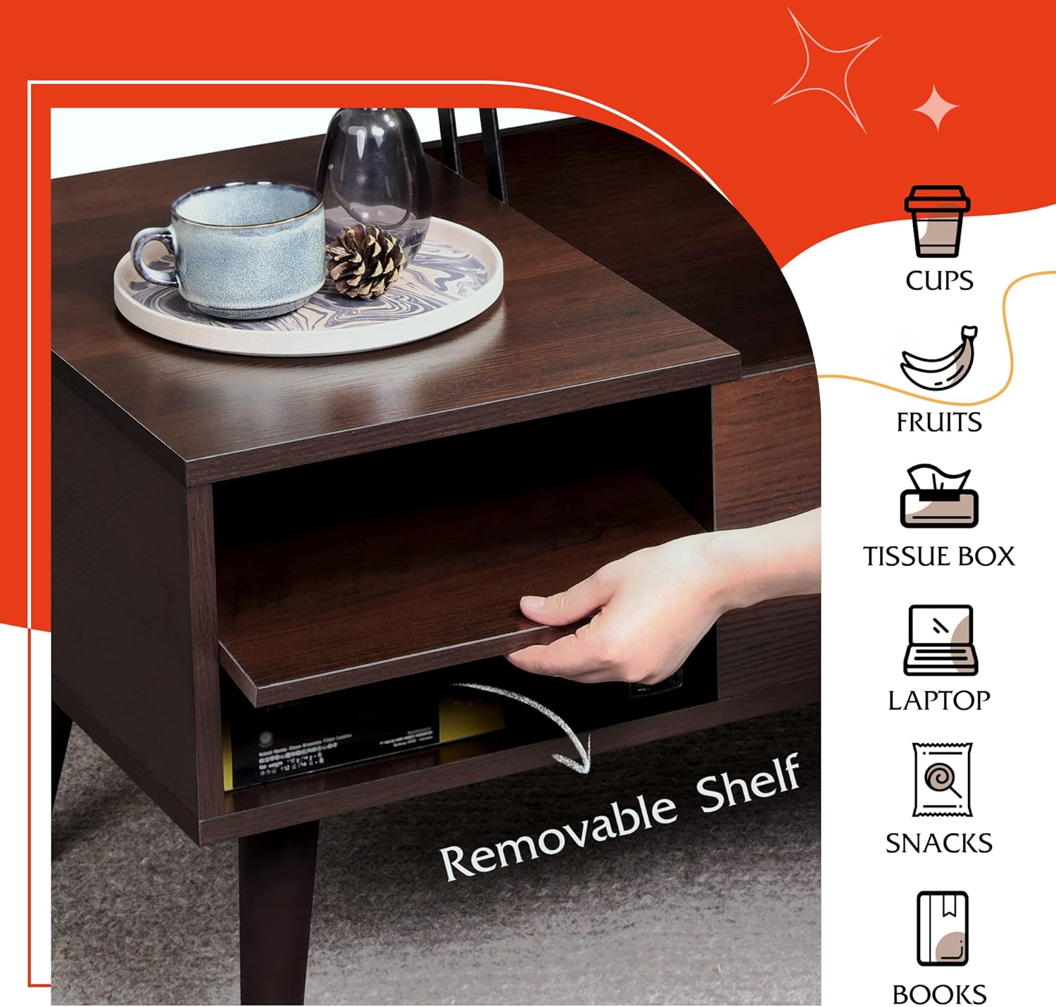 WLIVE Lift Top Coffee Table for Living Room,Small Coffee Table with Storage,Hidden Compartment and Adjustable Shelf,Mid Century Modern, Wood,Cherry,Espresso. - Image 6