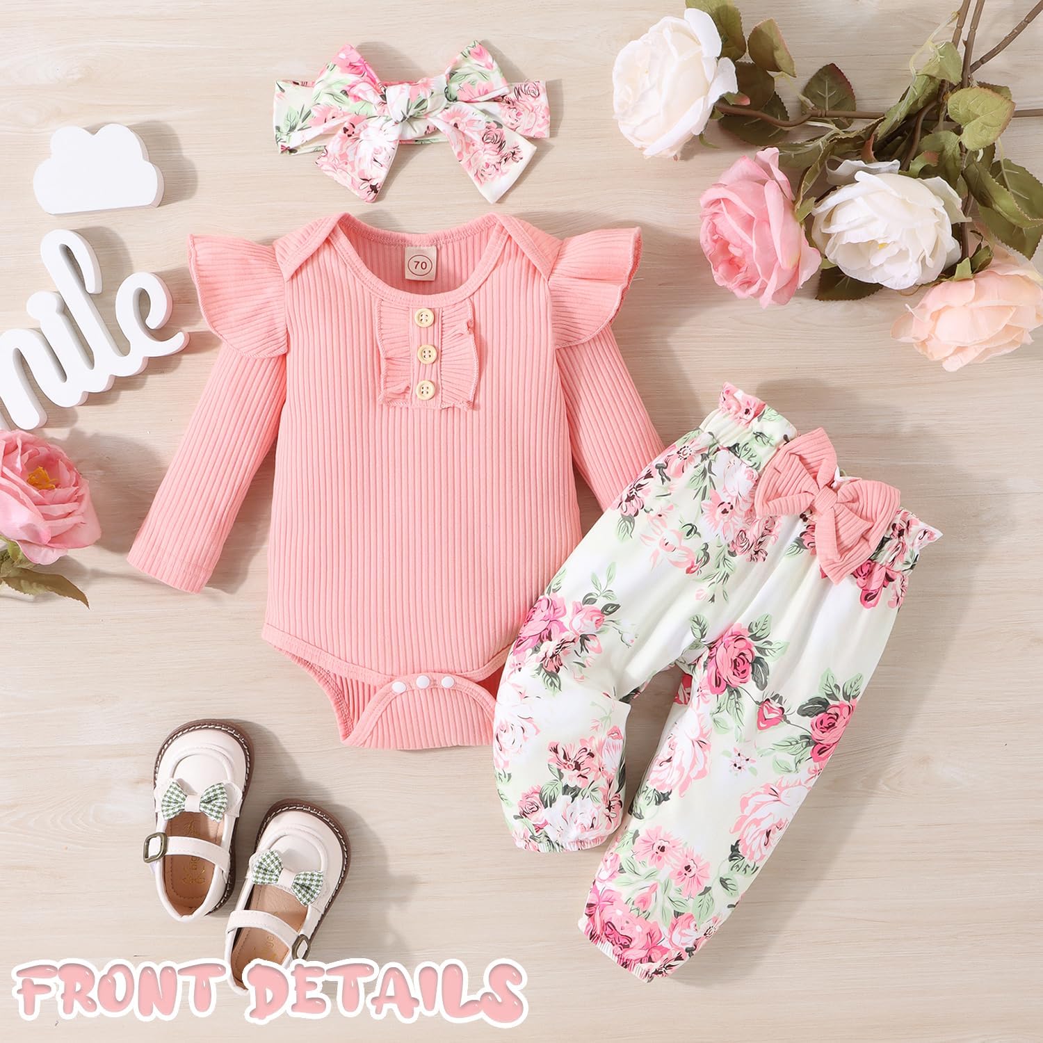 Baby Girl Clothes Newborn Infant Outfits Ruffle Romper+ Floral Pants + Cute Headband Sets for Girls - Image 3