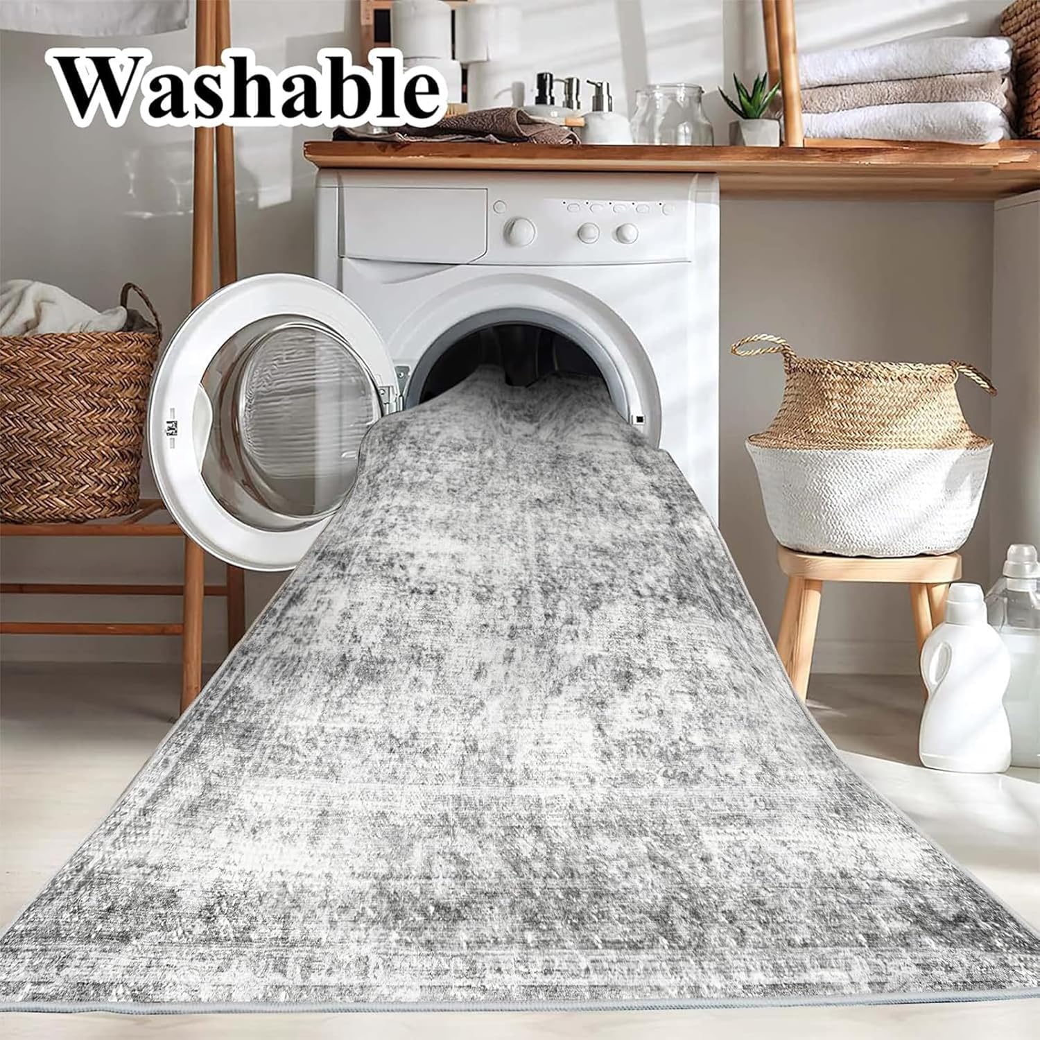 5x7 Washable Area Rug Gray Vintage Traditional Floor Cover Foldable Thin Kitchen Accent Indoor Distressed Non Slip Carpet Floral Print Mat Bedroom Living Room Bathroom - Image 4