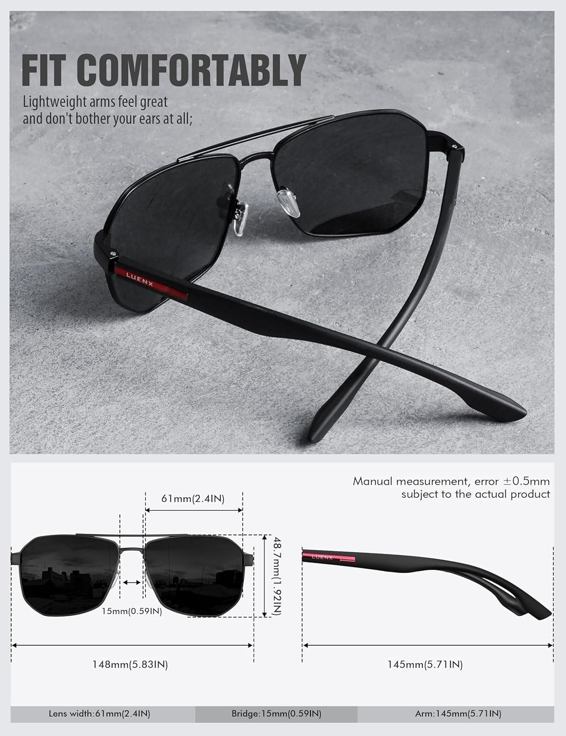 LUENX Aviator Sunglasses for Men Square Polarized Polygon Lens - UV 400 Protection with Accessories 61MM Driving Outdoor - Image 7