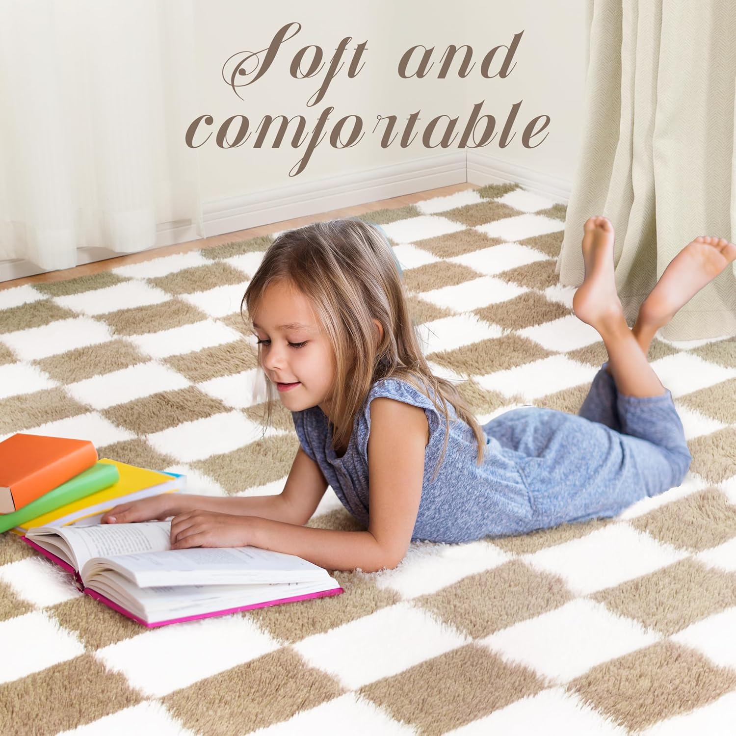 Super Soft Rug for Bedroom, 5x7 Ft Beige and White Area Rug Classic Checkered Shaggy Rug Anti-Skid High Pile Soft Fluffy Fuzzy Carpet for Living Room Bedroom Kids Room Nursery, Dorm Home Decor - Image 6