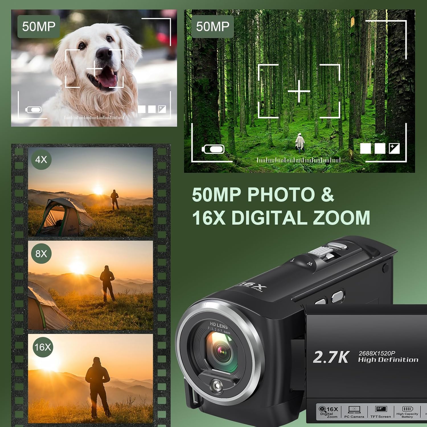 2.7K Video Camera Camcorder QHD 50MP YouTube Vlogging Camera 16X Digital Zoom Webcam 270 Degree Rotation Screen Camcorders with 32G SD Card and 2 Batteries Recording While Charging - Image 4