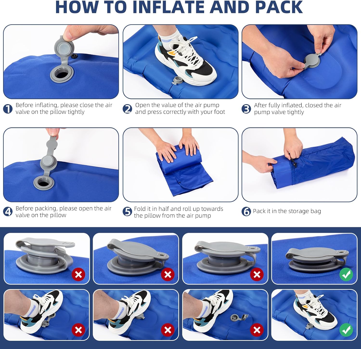 Sleeping Pad, Ultralight Thicken Inflatable Sleeping Pad for Camping, Built-in Pump, Great for Camping, Hiking, Carry Bag, Repair Kit, Compact & Lightweight Air Mattress(Blue) - Image 5