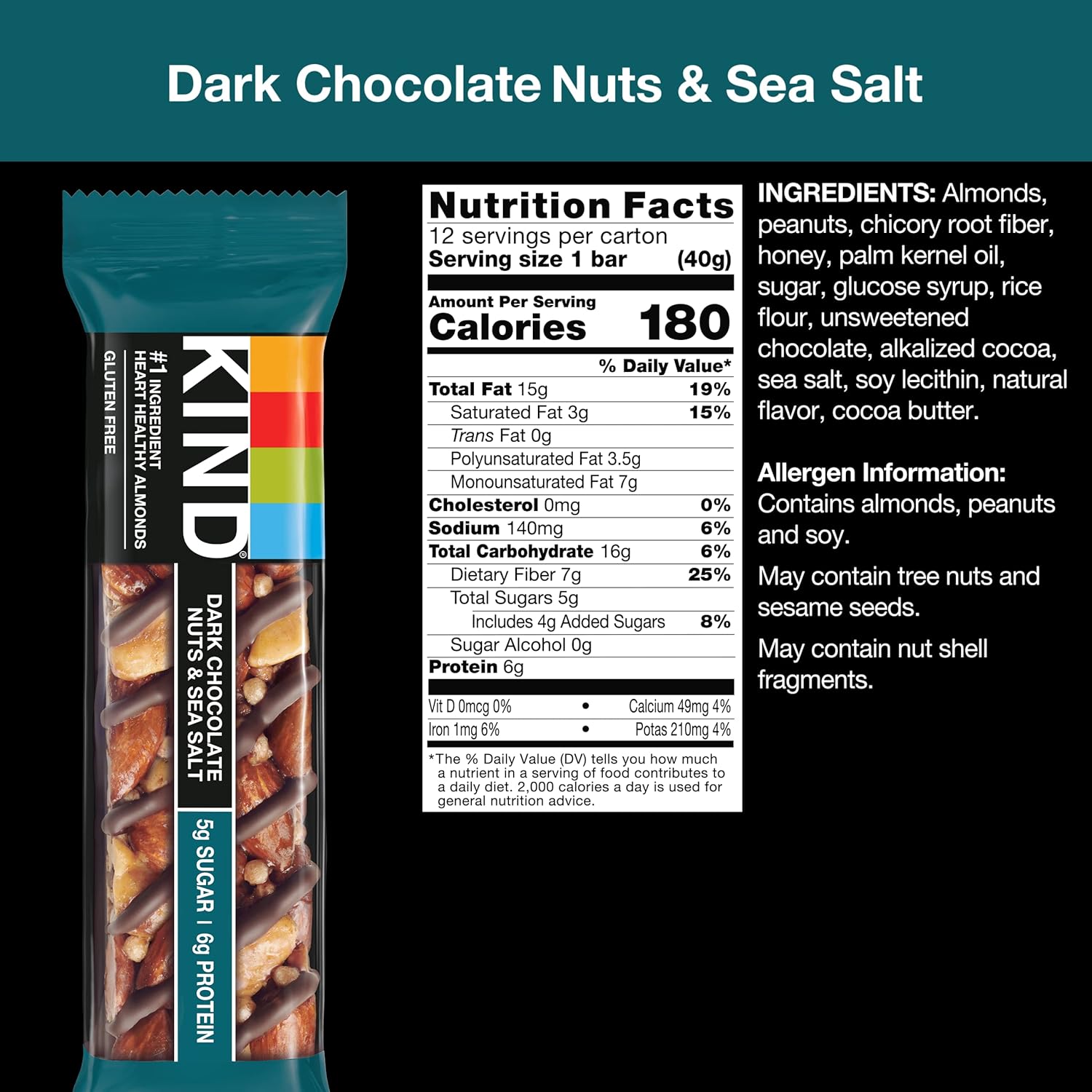 KIND Bars, Dark Chocolate Nuts and Sea Salt, Healthy Snacks, Gluten Free, Low Sugar, 6g Protein, 12 Count - Image 5