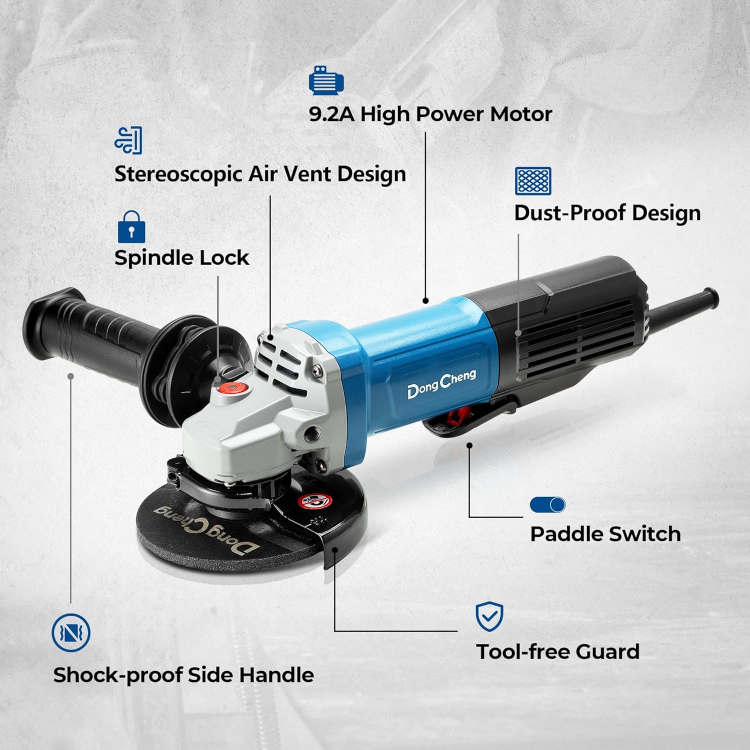 DongCheng 9.2 Amp Power Angle Grinders, 4-1/2 in., 11800RPM, Tool-Free Guard, Electric Metal Grinder Tool, Small Corded Angle Grinder, Paddle Switch, Shockproof Handle for Cutting, Grinding, Polishing - Image 9