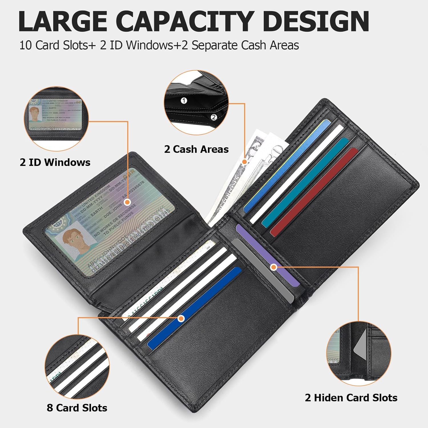 Leather Wallets for Men, Genuine Leather Mens Wallets Bifold Rfid Blocking with 2 ID Windows - Image 4