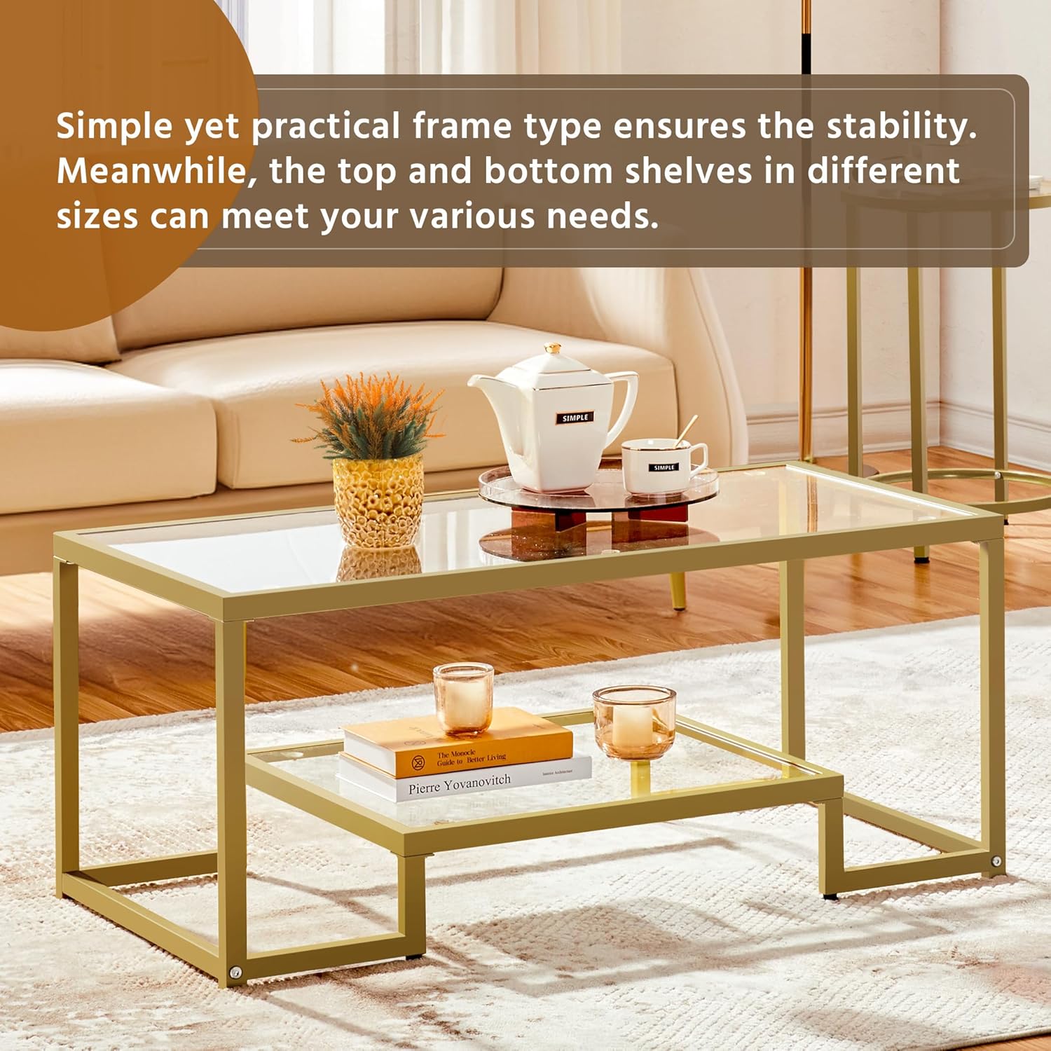 Yaheetech Gold Coffee Table, 42" Rectangular Glass Coffee Table for Living Room, 2-Tier Center Tea Tables with Metal Frame for Small Space, Apartment, Office - Image 6