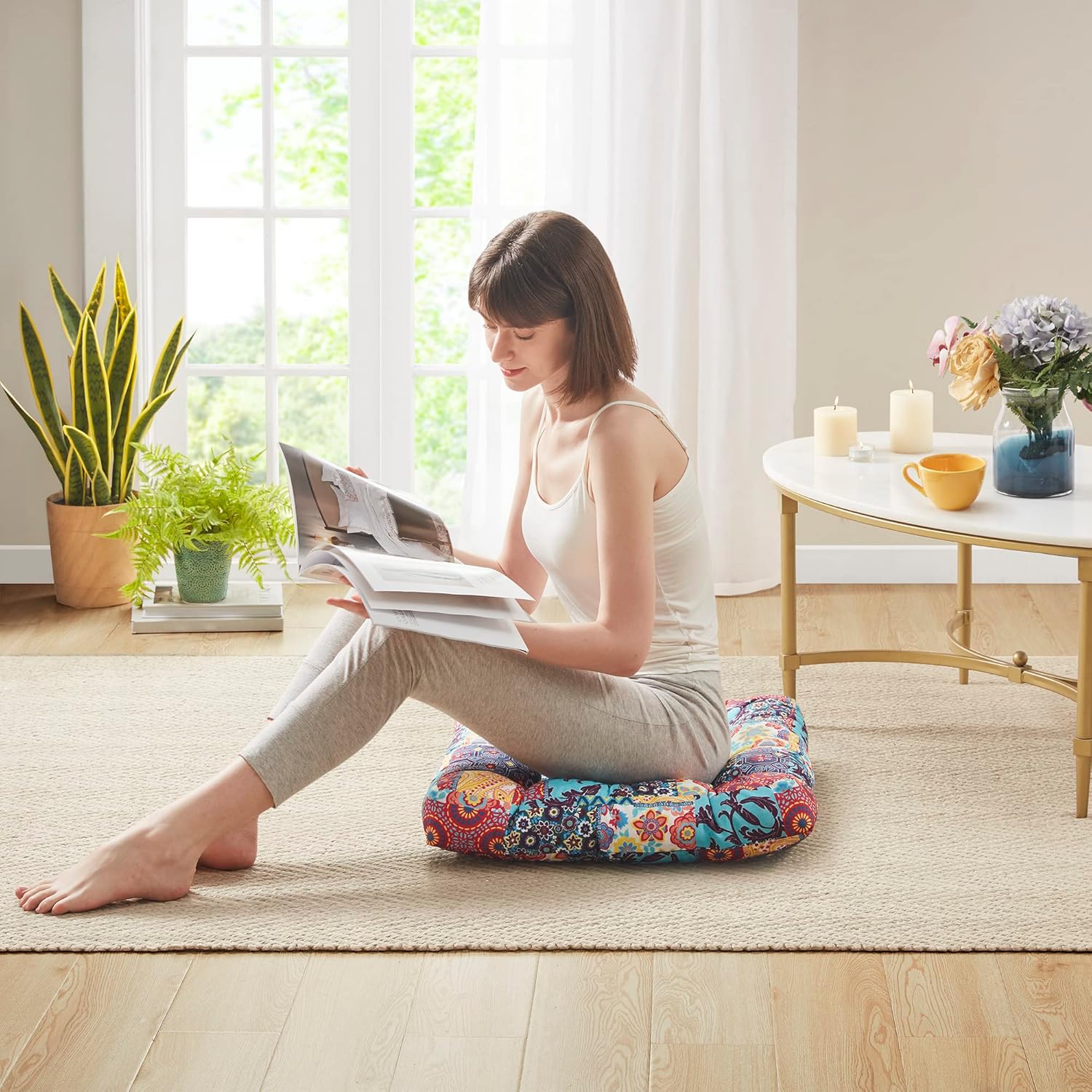 Boho Floor Pillow, Large Meditation Cushion for Adults, Square Pillows Seating for Yoga Living Room Tatami Sitting Home Decor, Memory Foam Added, 22x22 Inch, Multi Patchwork - Image 9