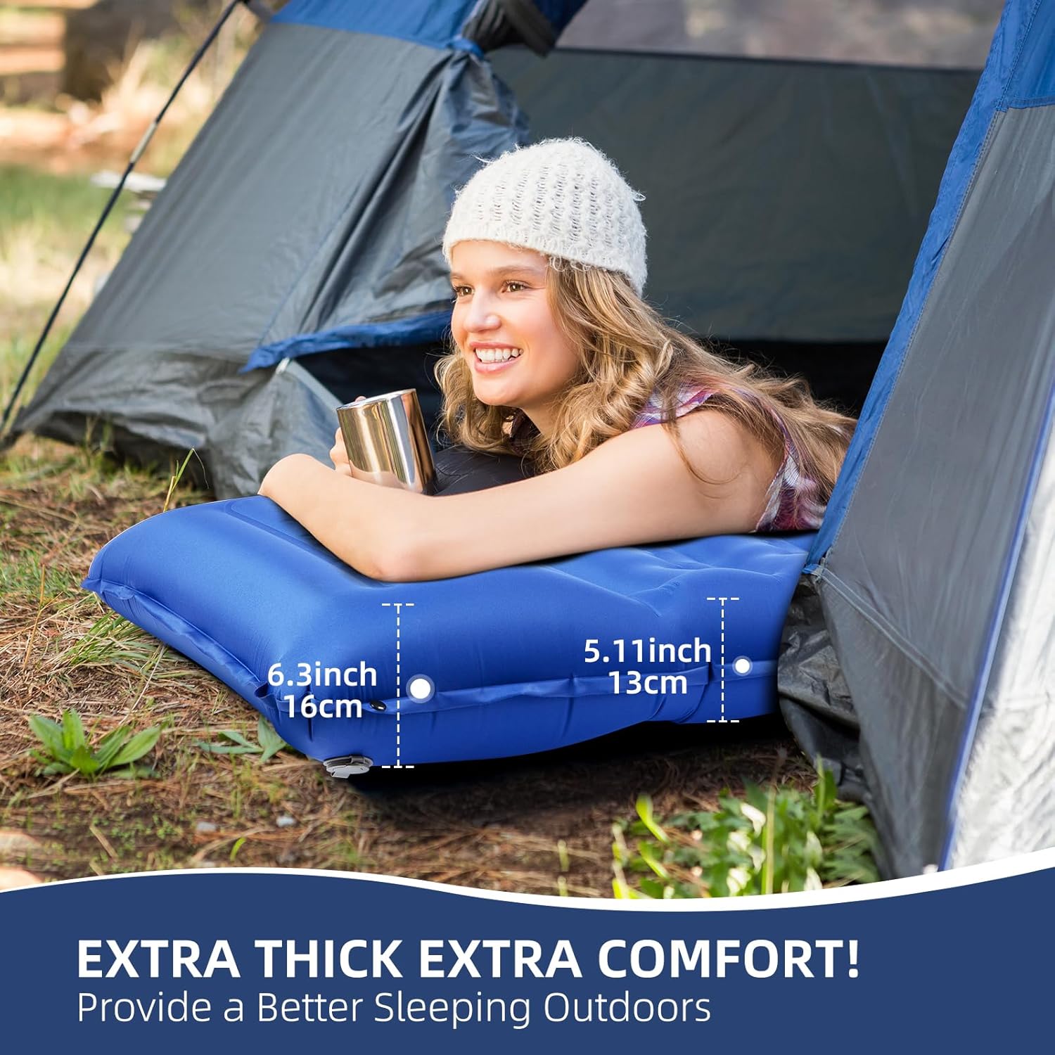 Sleeping Pad, Ultralight Thicken Inflatable Sleeping Pad for Camping, Built-in Pump, Great for Camping, Hiking, Carry Bag, Repair Kit, Compact & Lightweight Air Mattress(Blue) - Image 3