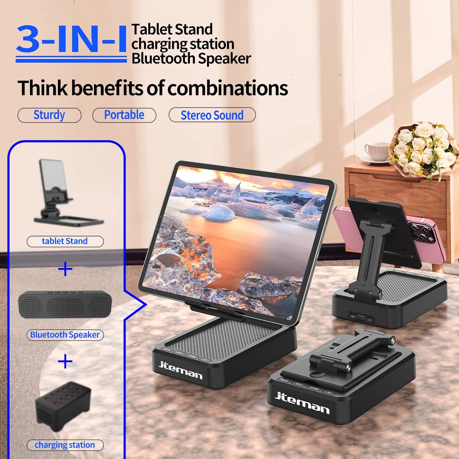 JTEMAN Tablet Stand Adjustable with Bluetooth Speakers,Kitchen Gadgets,Gifts for Women Men,Wireless Bluetooth Speaker Tablet Holder,Desk Mic Charging Sation Compatible with Phones and Tablet - Image 3