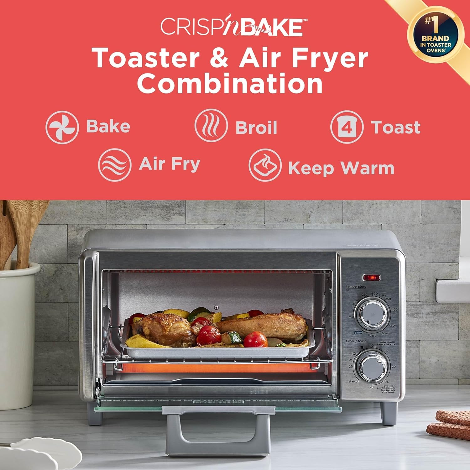 BLACK+DECKER 4-Slice Crisp 'N Bake Air Fry Toaster Oven,TO1787SS-RFP, 4-Slice, 5 Cooking Functions, 30 Minute Timer, Stainless Steel - Image 3