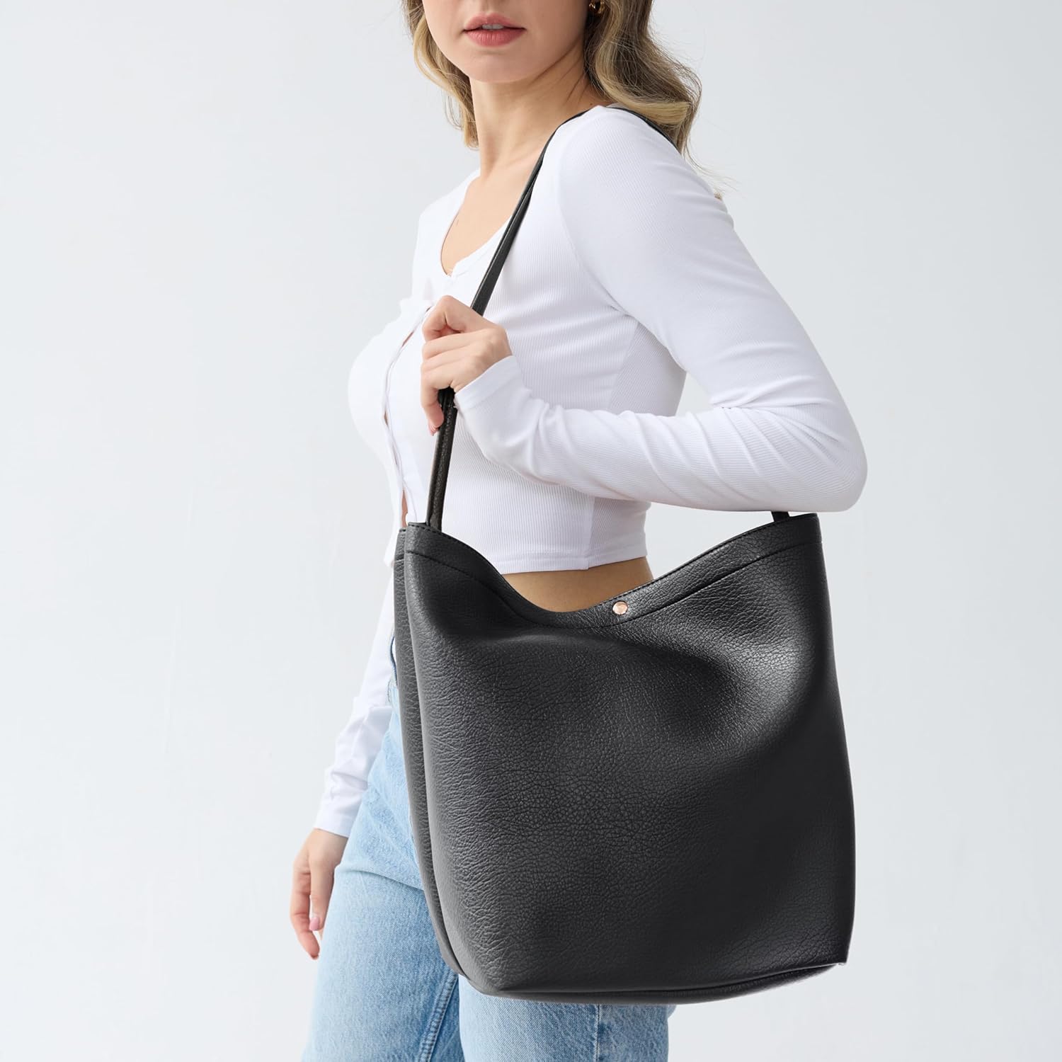 Hobo Bags for Women Vegan Leather Bucket Bags Minimalist Shoulder Handbag - Image 3