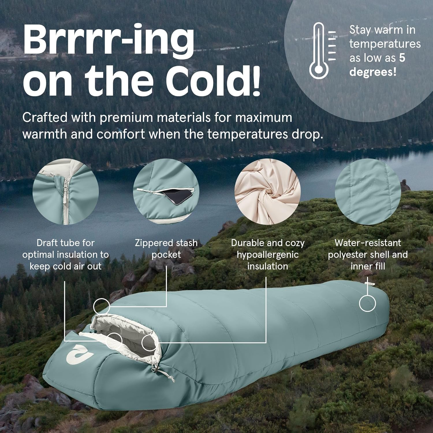 Retrospec Dream Sleeping Bag - 5, 15, 30 Mummy for Camping, Insulated Cold Weather, Lightweight Stuff Sack, Water-Resistant, Adjustable Draw Cords, Adult - Image 8