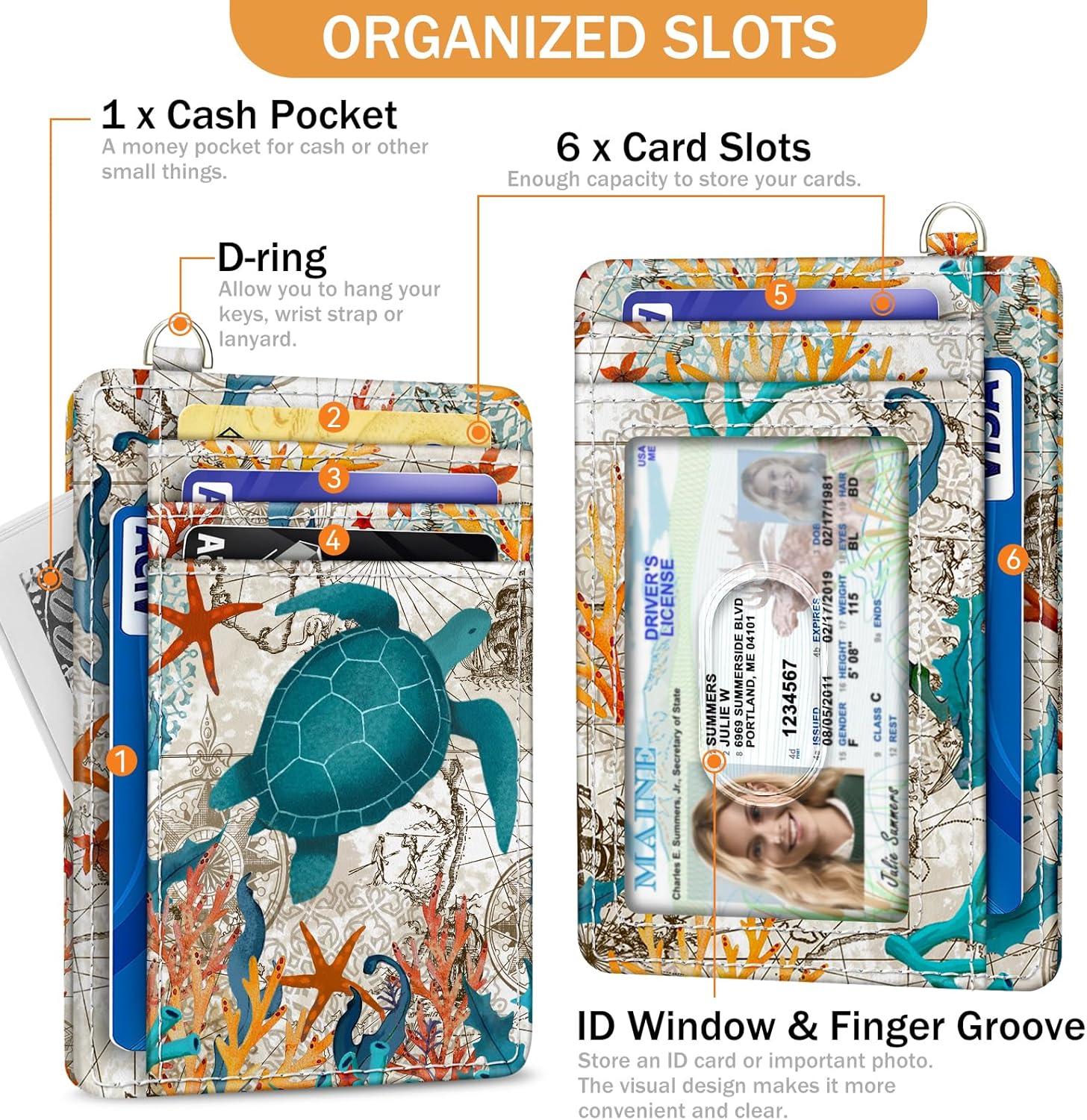 Credit Card Holder Slim Wallet, Sea Turtle RFID Wallet Women Front Pocket Small Card Holder Travel Cute Funny Thin Card Case ID Window PU Leather RFID Blocking Card Organizer Gifts Girls - Image 5