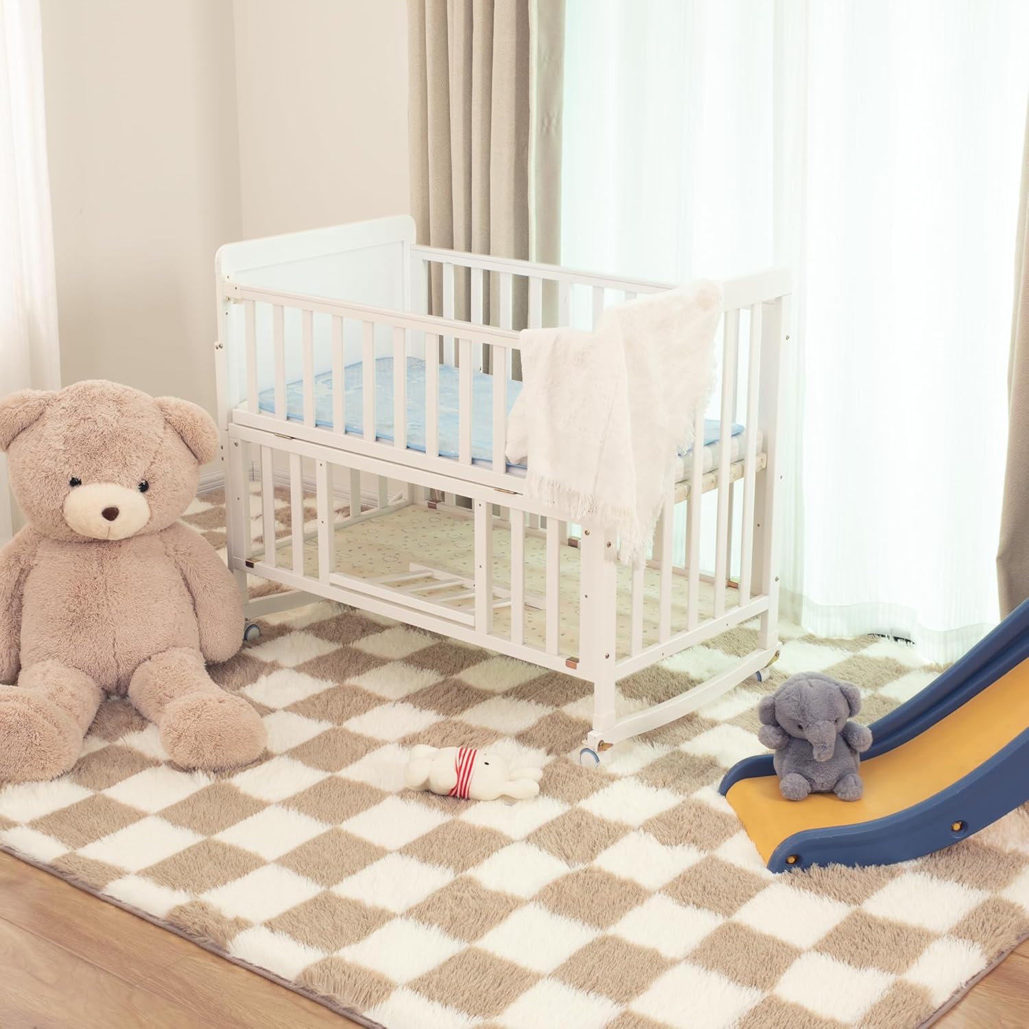 Super Soft Rug for Bedroom, 5x7 Ft Beige and White Area Rug Classic Checkered Shaggy Rug Anti-Skid High Pile Soft Fluffy Fuzzy Carpet for Living Room Bedroom Kids Room Nursery, Dorm Home Decor - Image 8