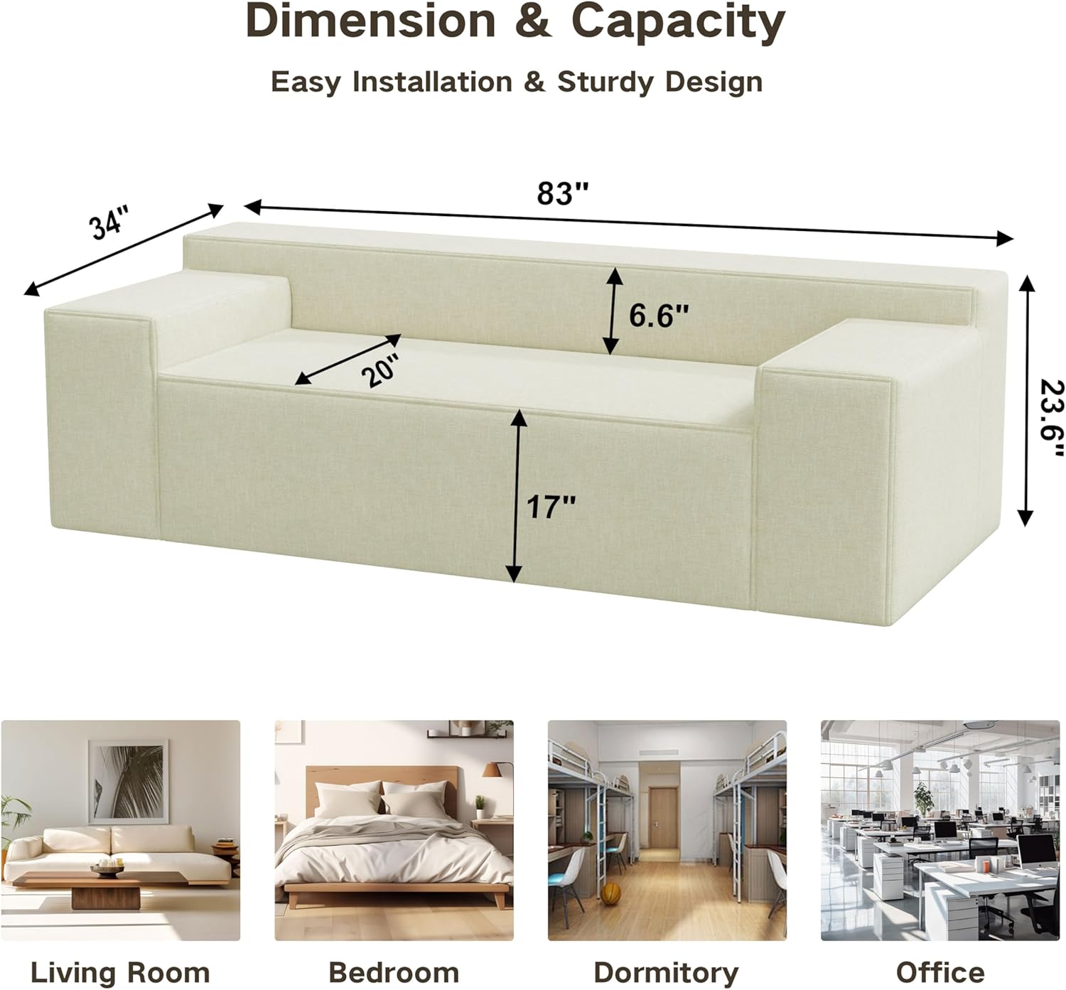 Modern 3-Seater Sofa, Hybrid Sofa in a Box, No Assembly Required, Comfy Sofa Couch with 3 Matching Pillows, Cat-Scratch Resistant Linen, Couch for Living Room or Bedroom, Beige - Image 3