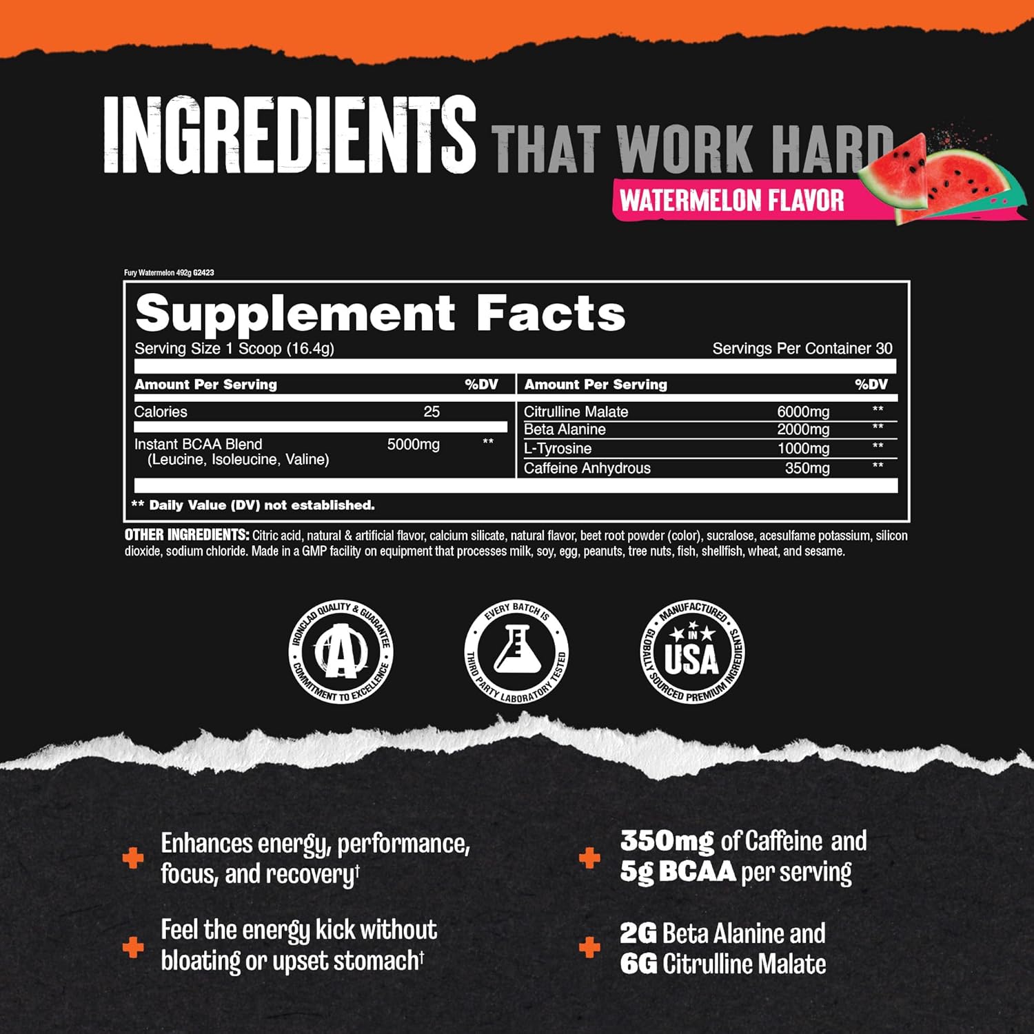 Animal Fury Pre Workout Powder - Energy and Focus Supplement with 5g BCAA, 350mg Caffeine Nitric Oxide Booster with Beta-Alanine, Preworkout for Men and Women, Watermelon Flavor, 30 Servings - Image 4