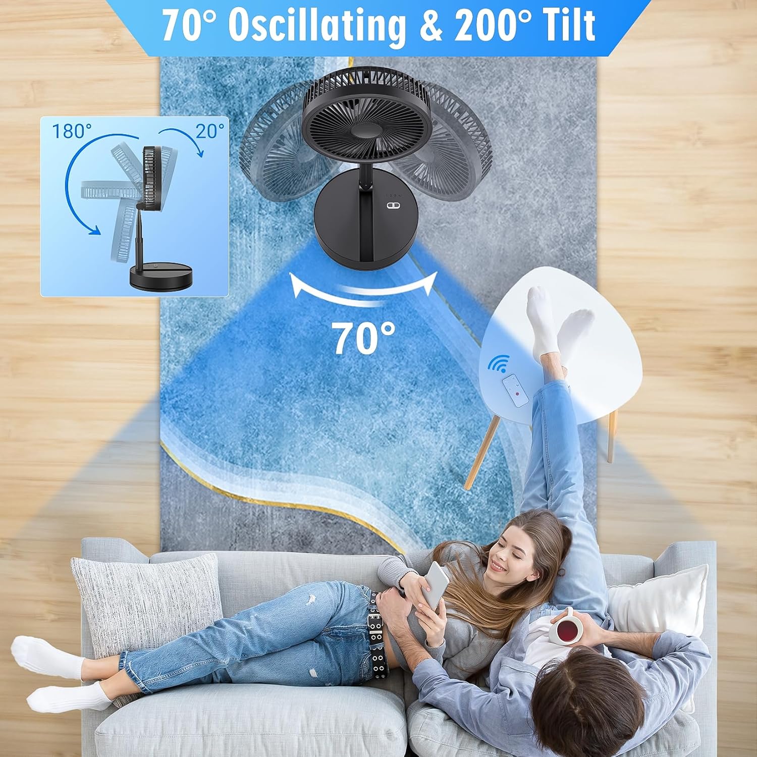 LIPETY Portable Foldable Rechargeable Oscillating Fan - 9" 7200mah Battery Operated USB C Small Fan Remote, Quiet Table Desk Fan Folding Standing Pedestal Fans for Bedroom Rome Office Camping Travel - Image 3
