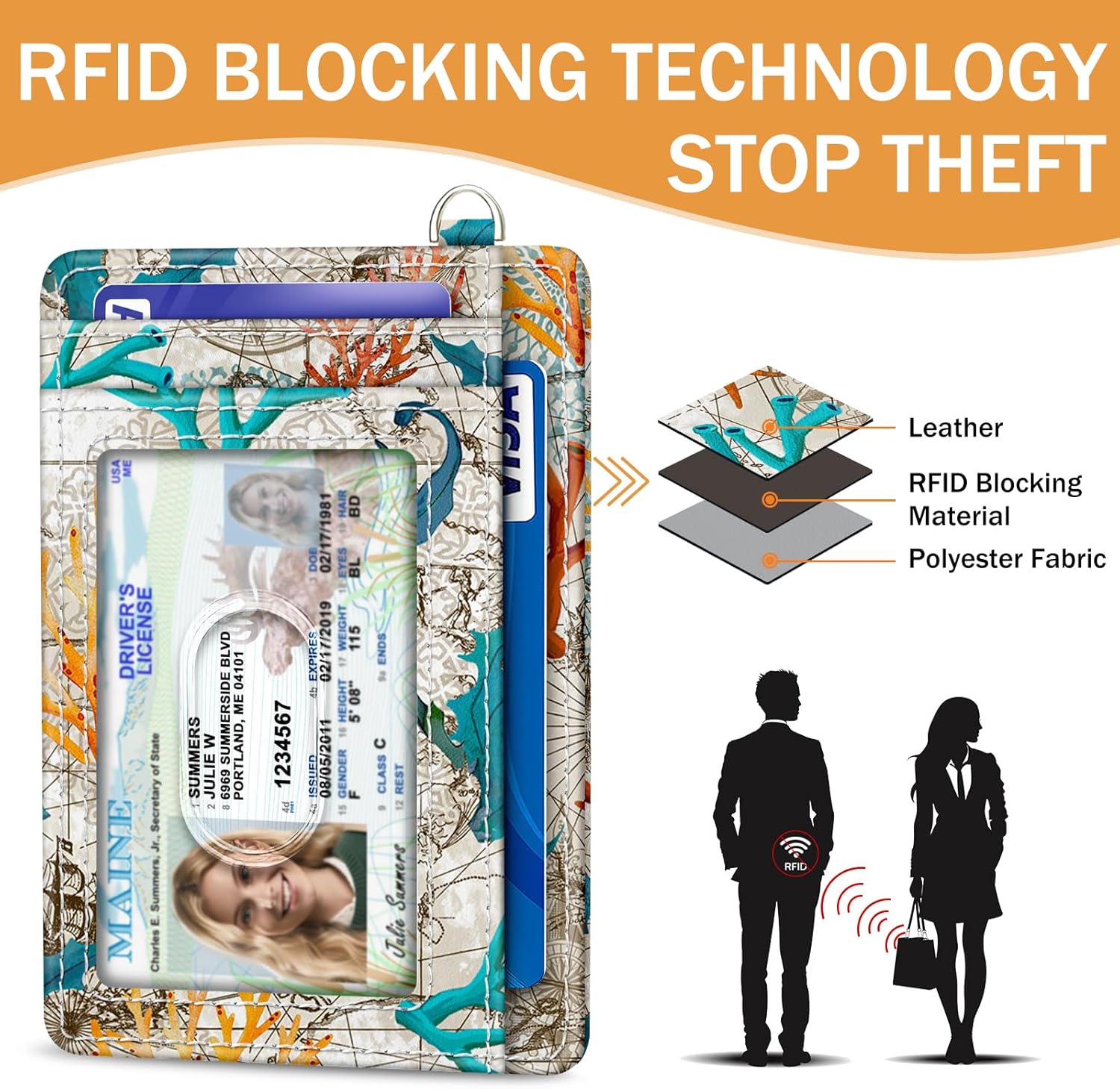 Credit Card Holder Slim Wallet, Sea Turtle RFID Wallet Women Front Pocket Small Card Holder Travel Cute Funny Thin Card Case ID Window PU Leather RFID Blocking Card Organizer Gifts Girls - Image 6