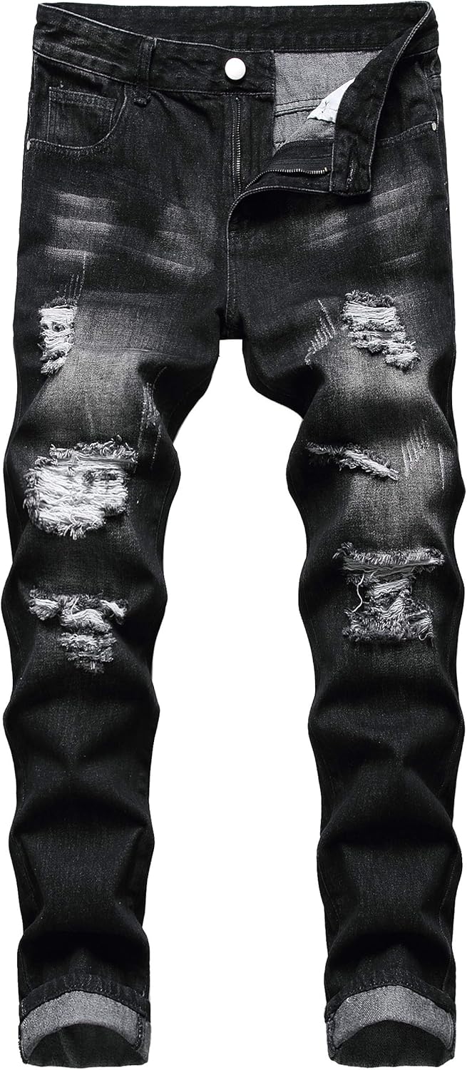 QIMYUM Mens Ripped Jeans, Distressed Destroyed Slim Fit Straight Leg Denim Pants - Image 2
