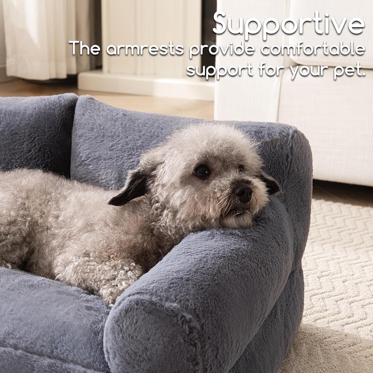 Hollypet Fluffy Plush Dog Cat Pet Couch Soft Calming Sofa Bed for Medium Small Cats and Dogs, Gray - Image 5