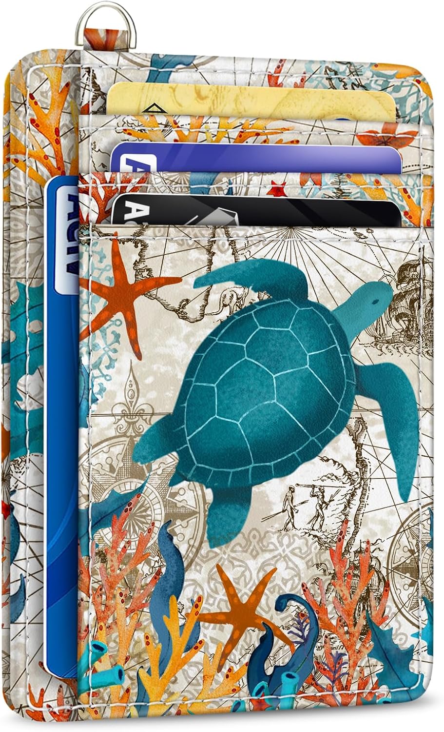 Credit Card Holder Slim Wallet, Sea Turtle RFID Wallet Women Front Pocket Small Card Holder Travel Cute Funny Thin Card Case ID Window PU Leather RFID Blocking Card Organizer Gifts Girls - Image 2